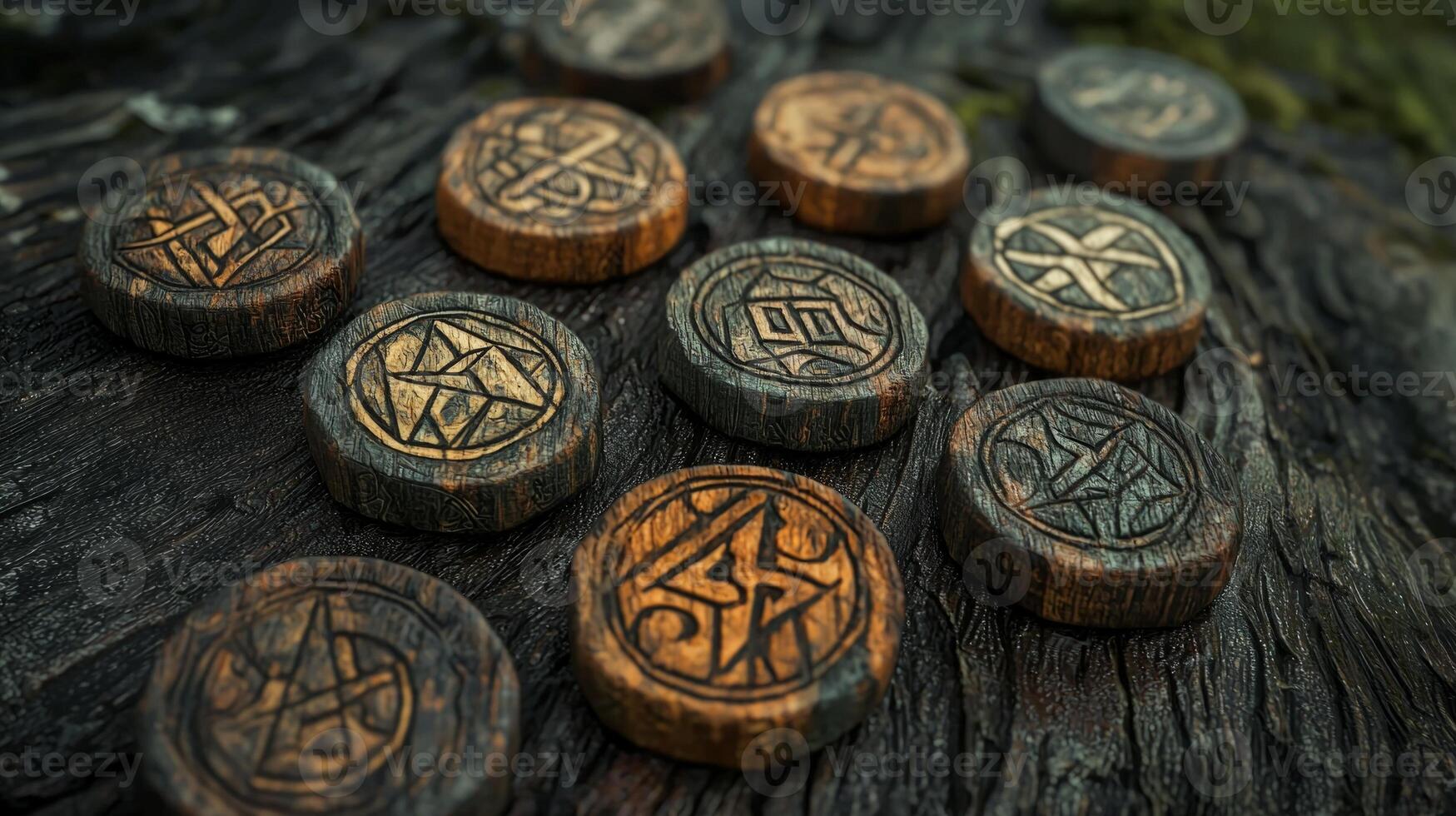 collection of beautifully carved protective runes is arranged on a textured wooden surface. The runes exhibit unique designs and varied finishes enhancing their mystical appeal. photo