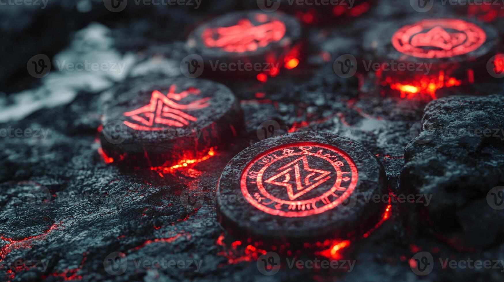 Glowing protective runes are intricately carved into dark rune chips emanating a captivating light against a rocky backdrop creating an enchanting atmosphere. photo