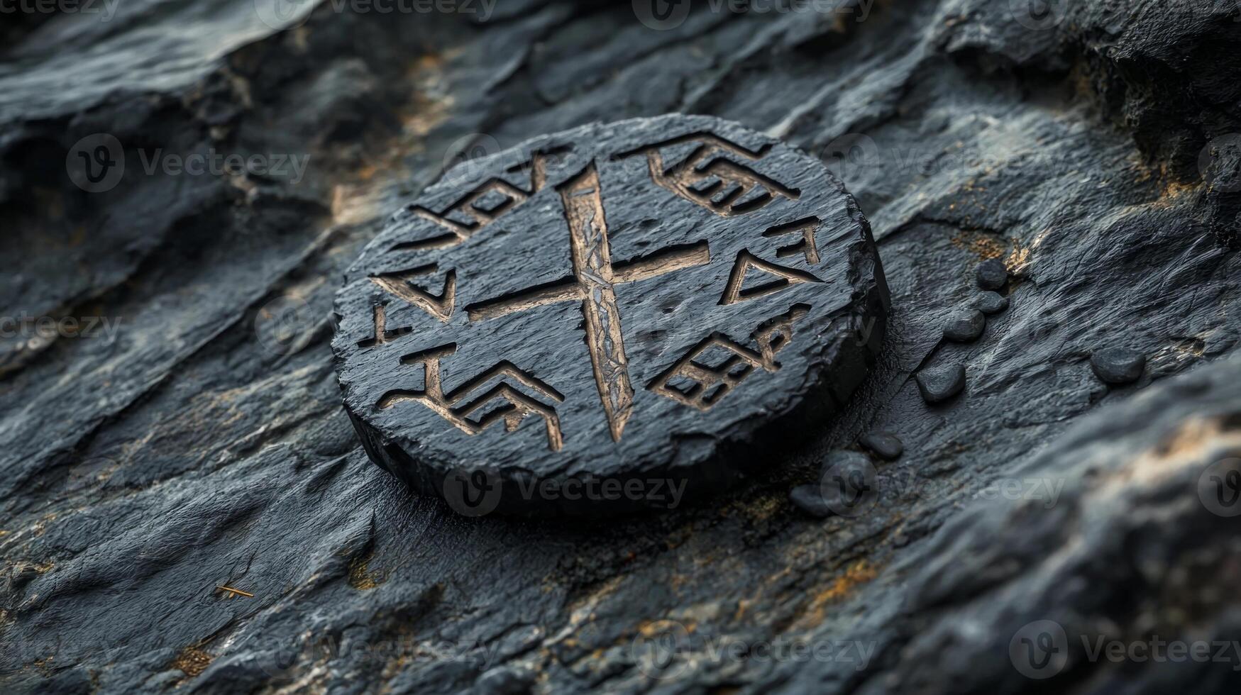 intricately carved protective rune rests on a rugged stone surface capturing the essence of ancient artistry and the cultural importance of runes in historical practices. photo