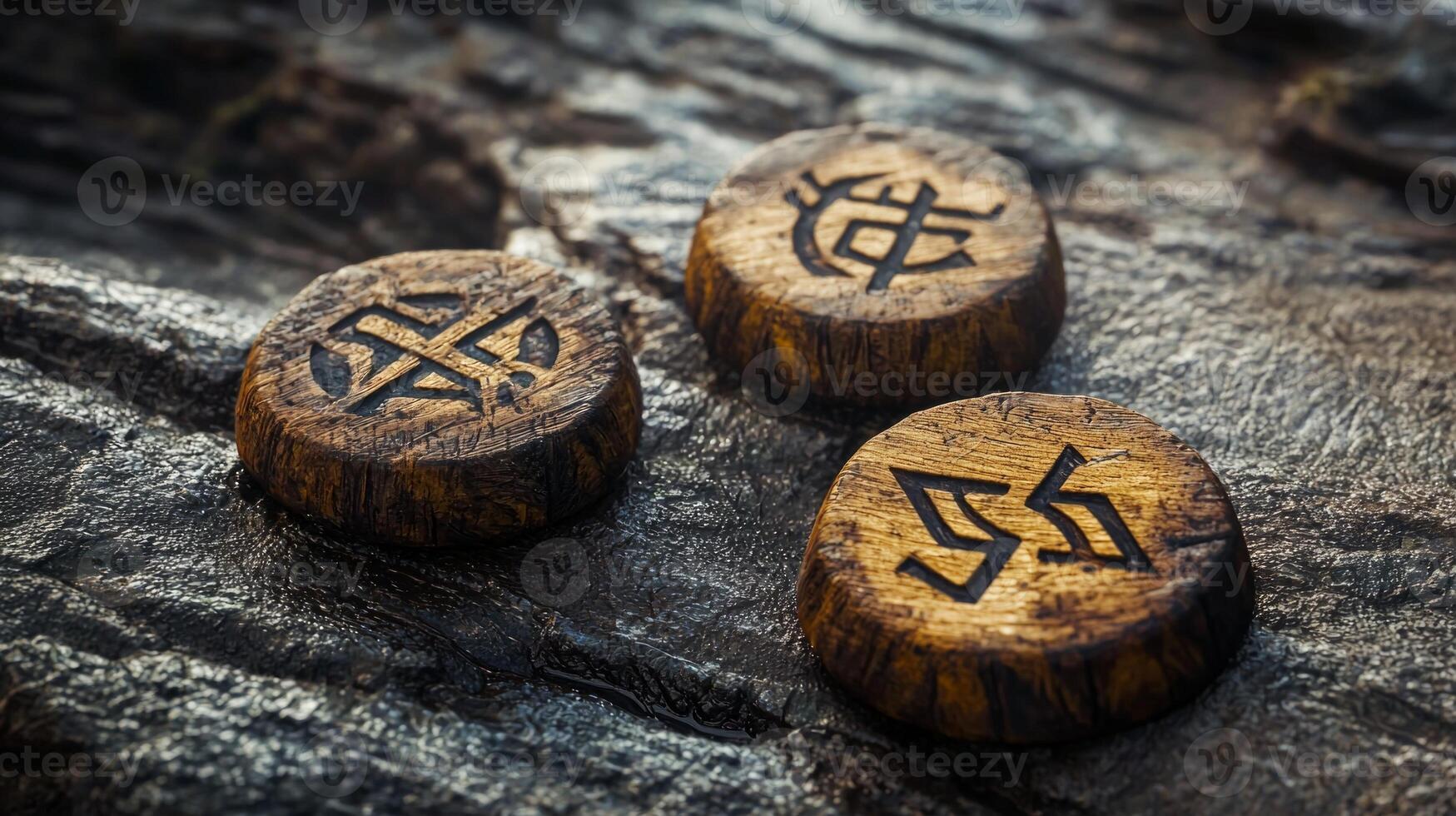 Three intricately carved rune chips featuring protective symbols rest upon a textured stone surface showcasing detailed craftsmanship and natural elements. photo