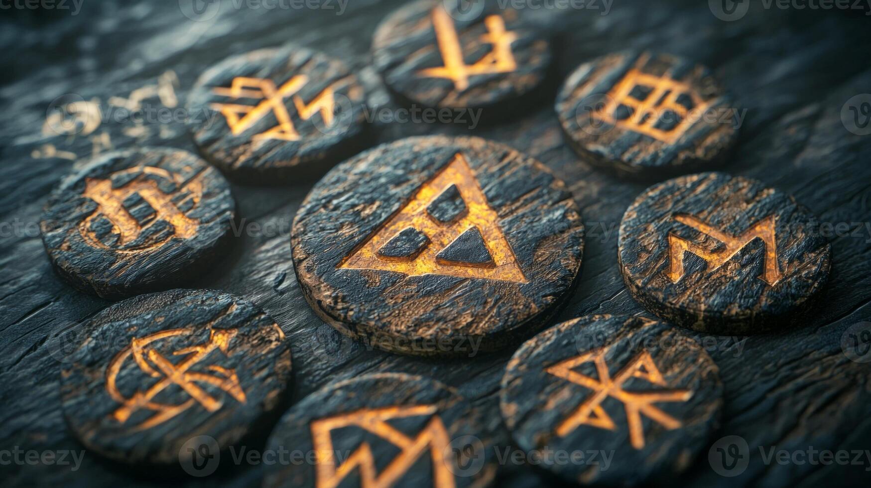 collection of rune chips featuring detailed designs is displayed on a weathered surface highlighting their protective properties and artistic workmanship. photo