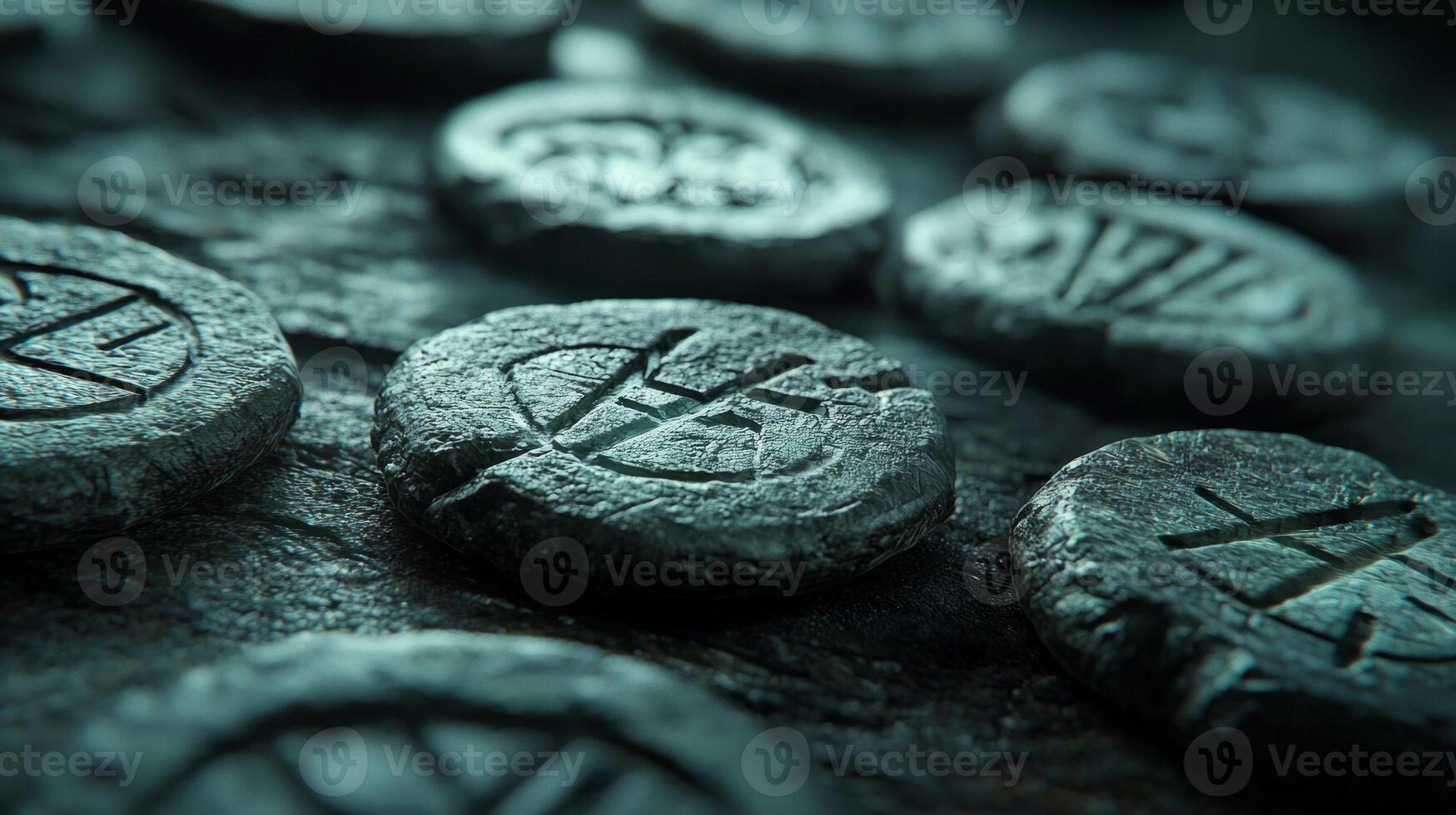 arrangement of protective runes exhibits intricate carvings on a textured surface bathed in soft light highlighting their spiritual significance and craftsmanship. photo