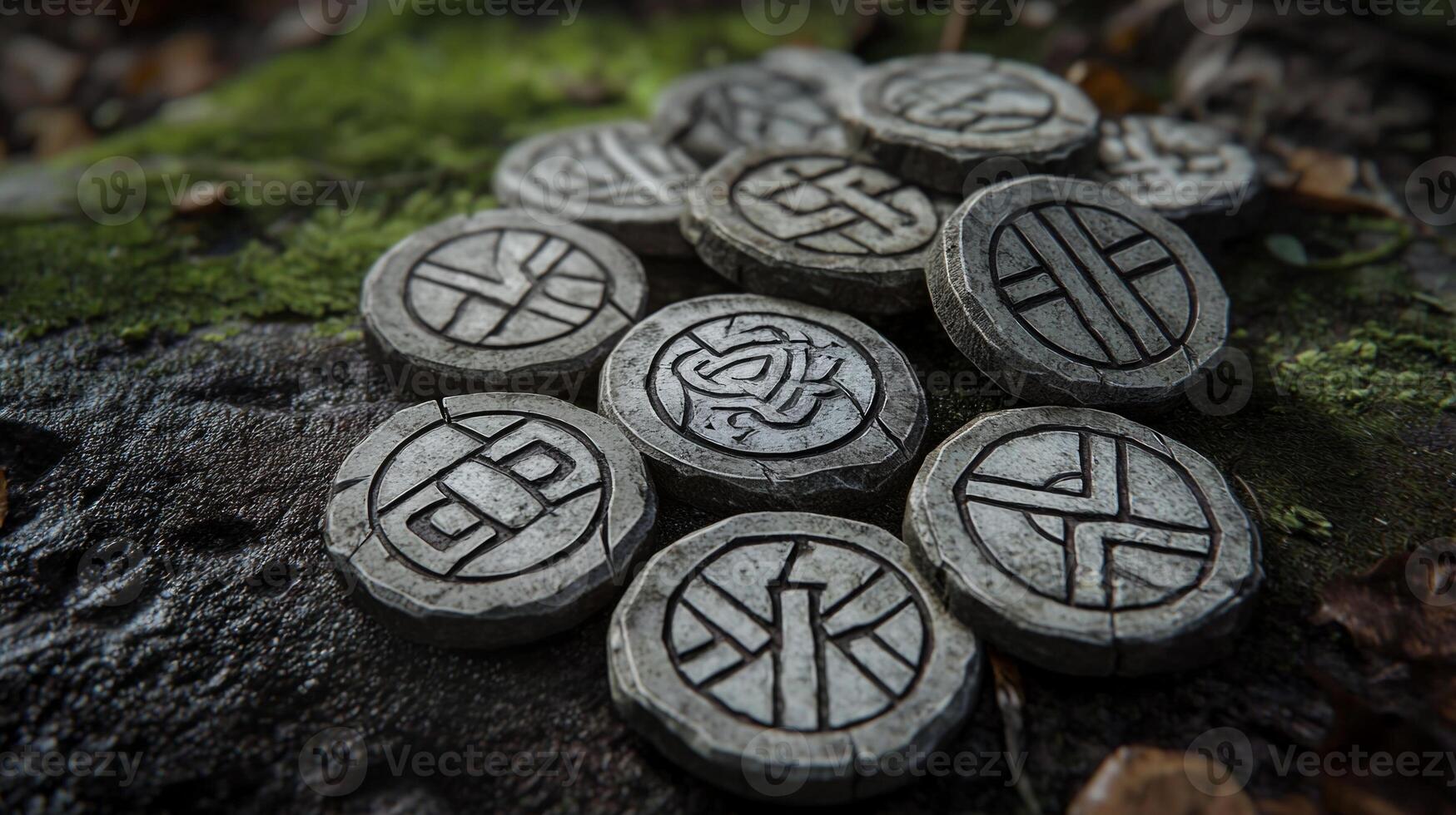collection of intricate rune chips arranged on a bed of vibrant moss showcasing detailed engravings under soft dappled light from above evoking a mystical atmosphere. photo