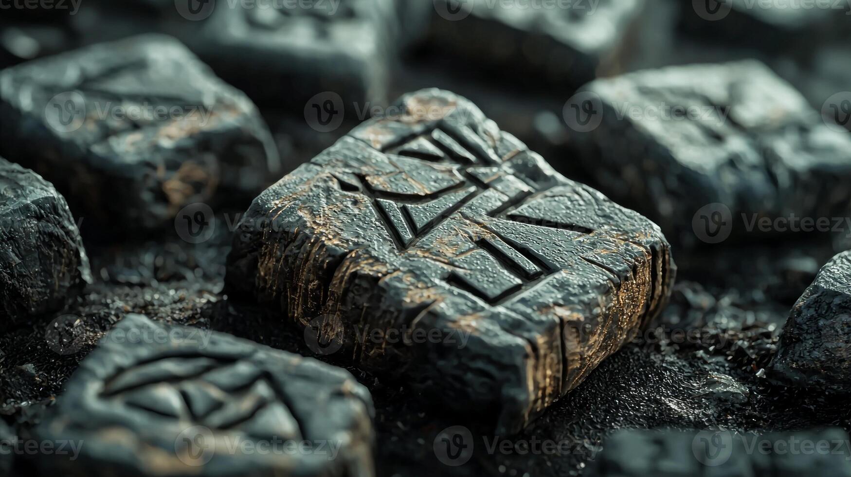 Intricately carved protective runes made of stone are displayed showcasing their unique designs useful for rituals and spiritual protection in mystical practices. photo