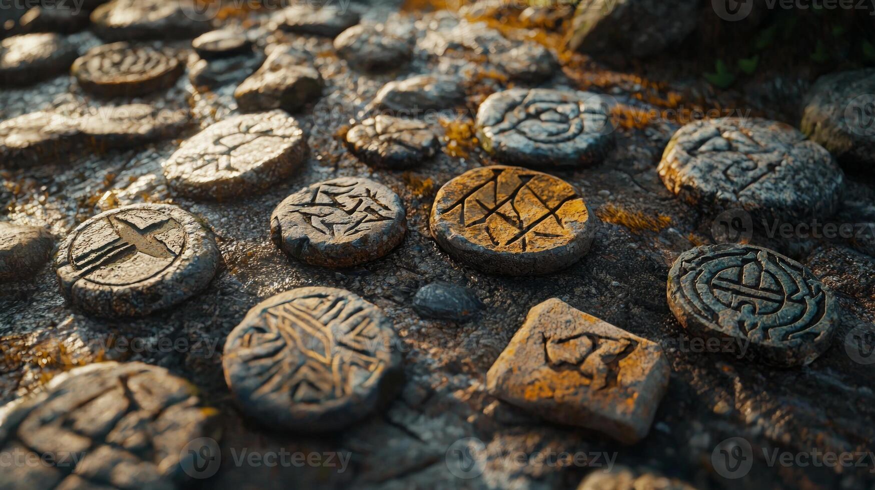 Intricately carved protective runes lie scattered on a rugged rocky surface bathed in natural light highlighting their textures and symbols against the earthy backdrop. photo