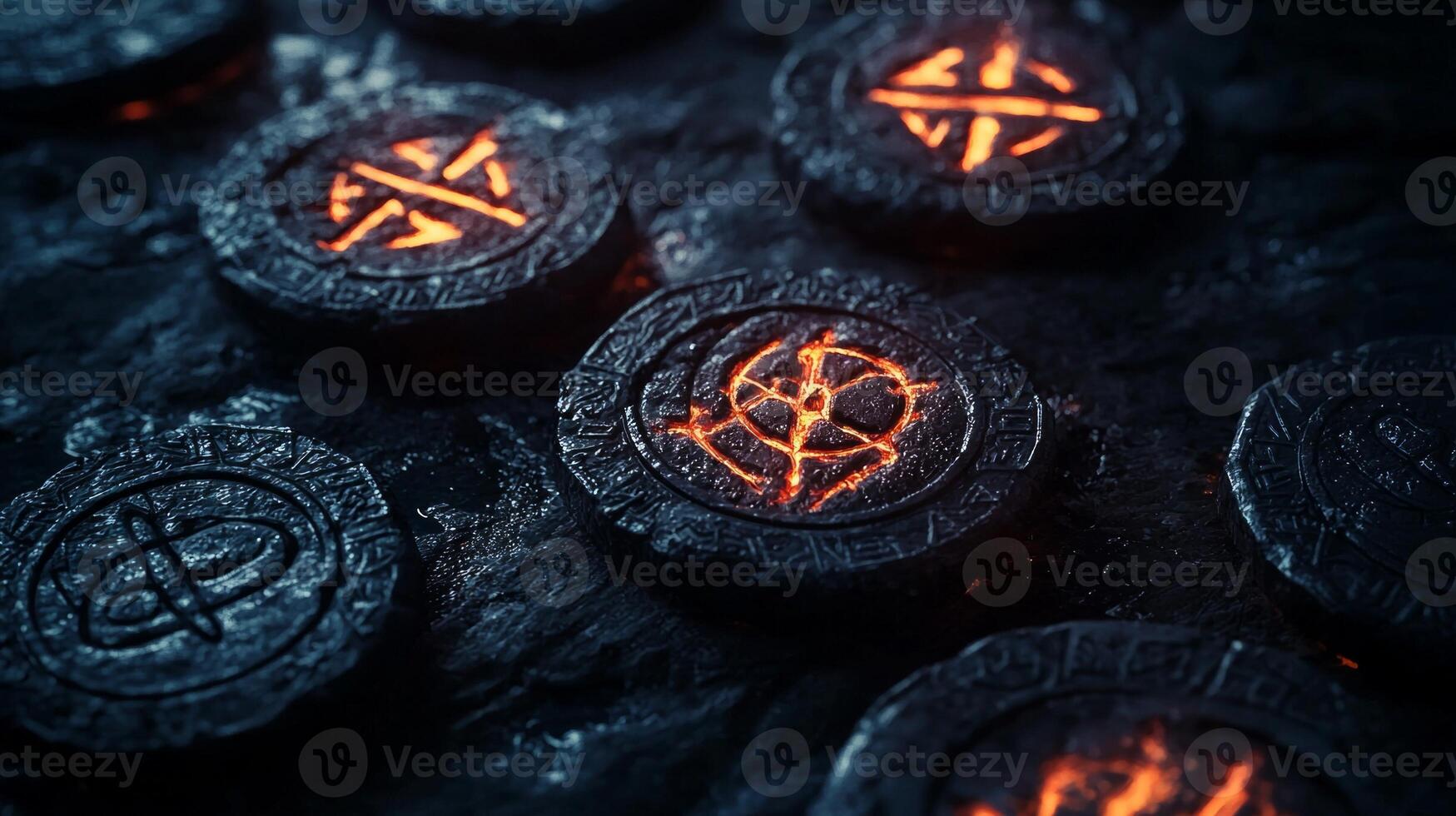 scene showcases protective runes etched on rune chips emanating a warm glow from within. These intricate symbols rest on a dark textured backdrop enhancing their mystical aura. photo
