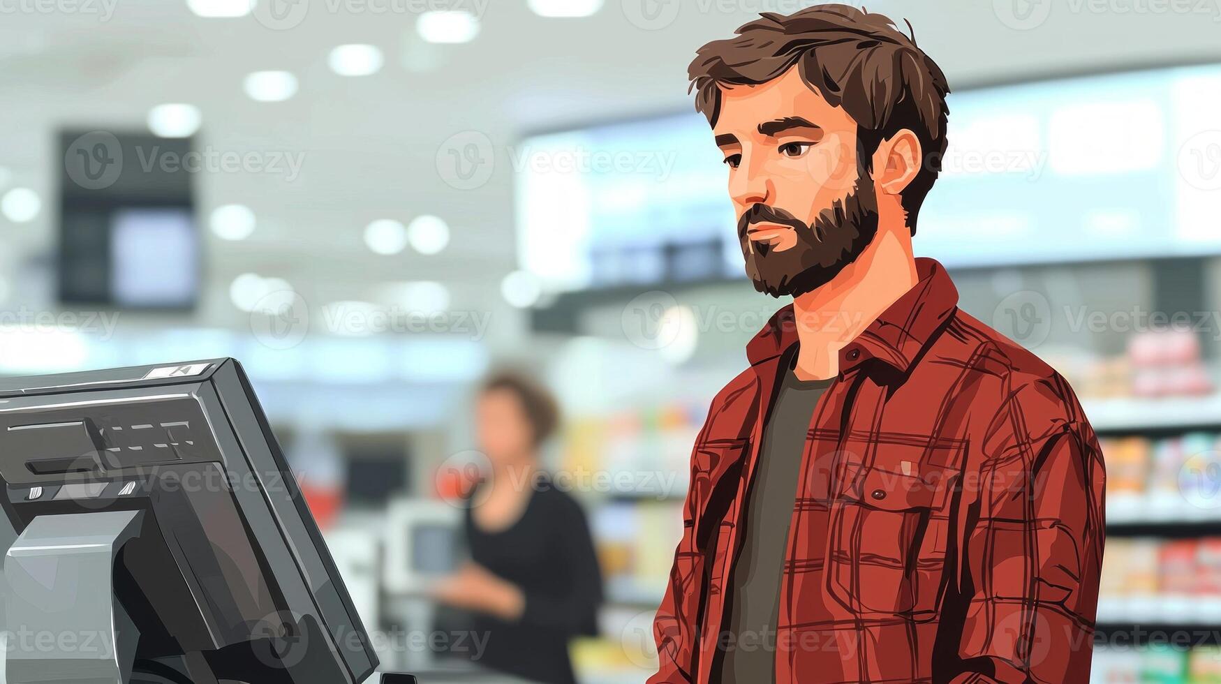 cashier diligently scans a continuous stream of items while long lines of impatient customers wait behind during the hectic Black Friday sales event. photo