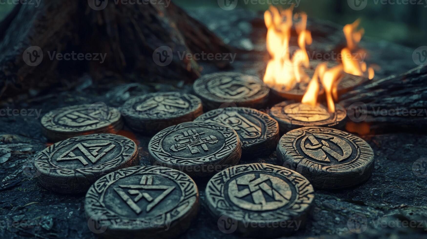 Rustic rune chips intricately carved with protective symbols lay scattered on the forest floor illuminated by flickering flames that enhance their mystique and aura. photo