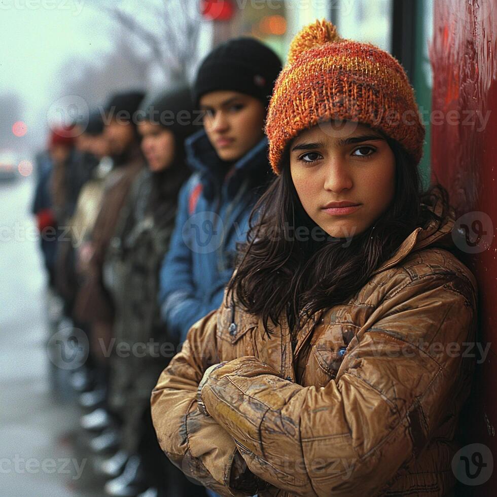 long line of eager shoppers stands outside a store on a cold Black Friday morning ready to seize the best holiday deals and discounts while bundled up warmly. photo