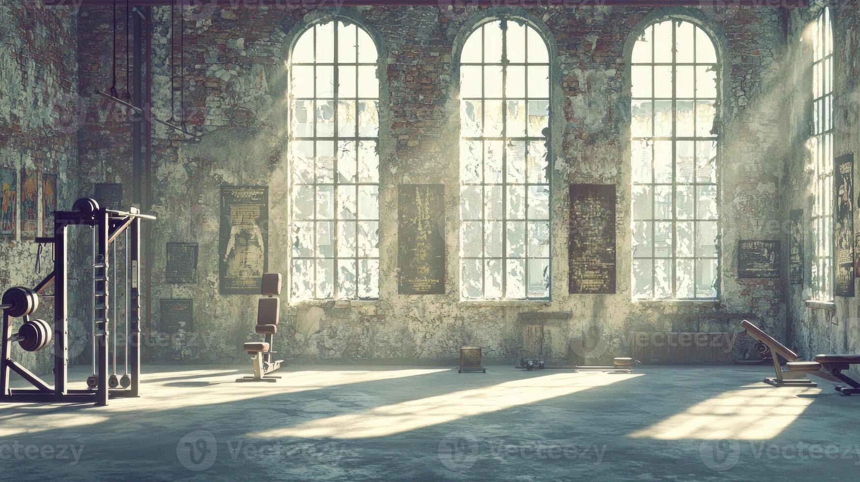 Sunlight streams through large windows casting dramatic shadows on the vintage weight machines in a classic 1970s bodybuilding gym filled with history. photo