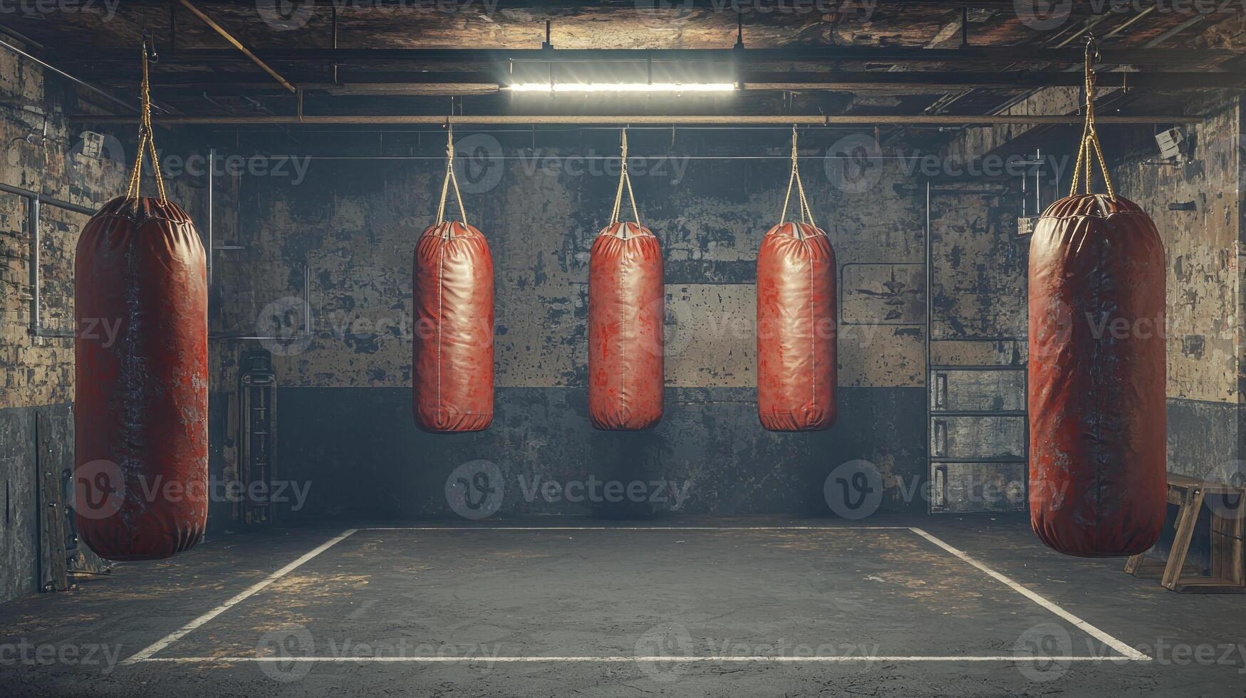 In an empty vintage boxing gym heavy bags sway gently while worn gloves rest in the corner of the ring. The dim overhead light casts shadows evoking a sense of nostalgia and resilience. photo