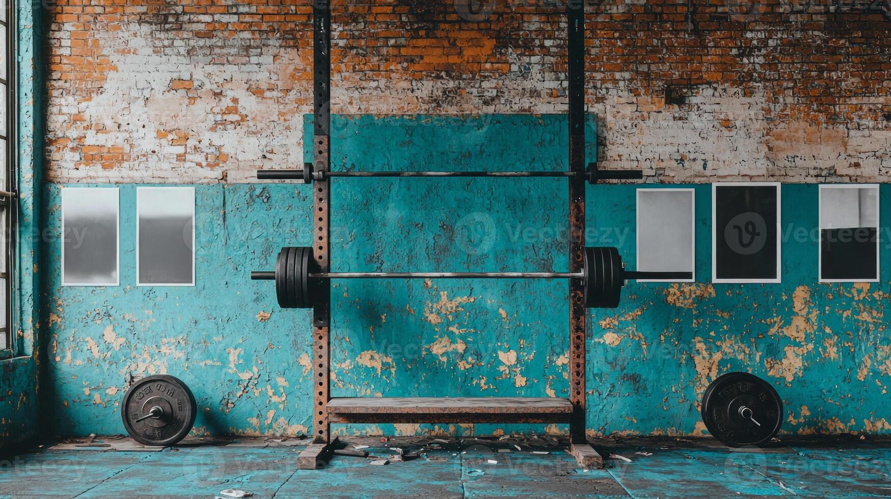 space exudes an intense ambiance showcasing faded brick walls adorned with black and white portraits of legendary lifters. Weathered platforms invite dedication and hard work. photo
