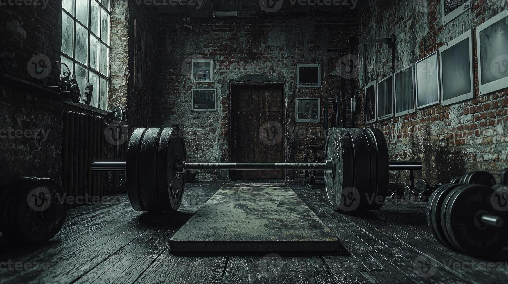 atmosphere thick with intensity weathered weightlifting platforms stand under brick walls showcasing black and white photos dedicated athletes embodying pure commitment and strength.