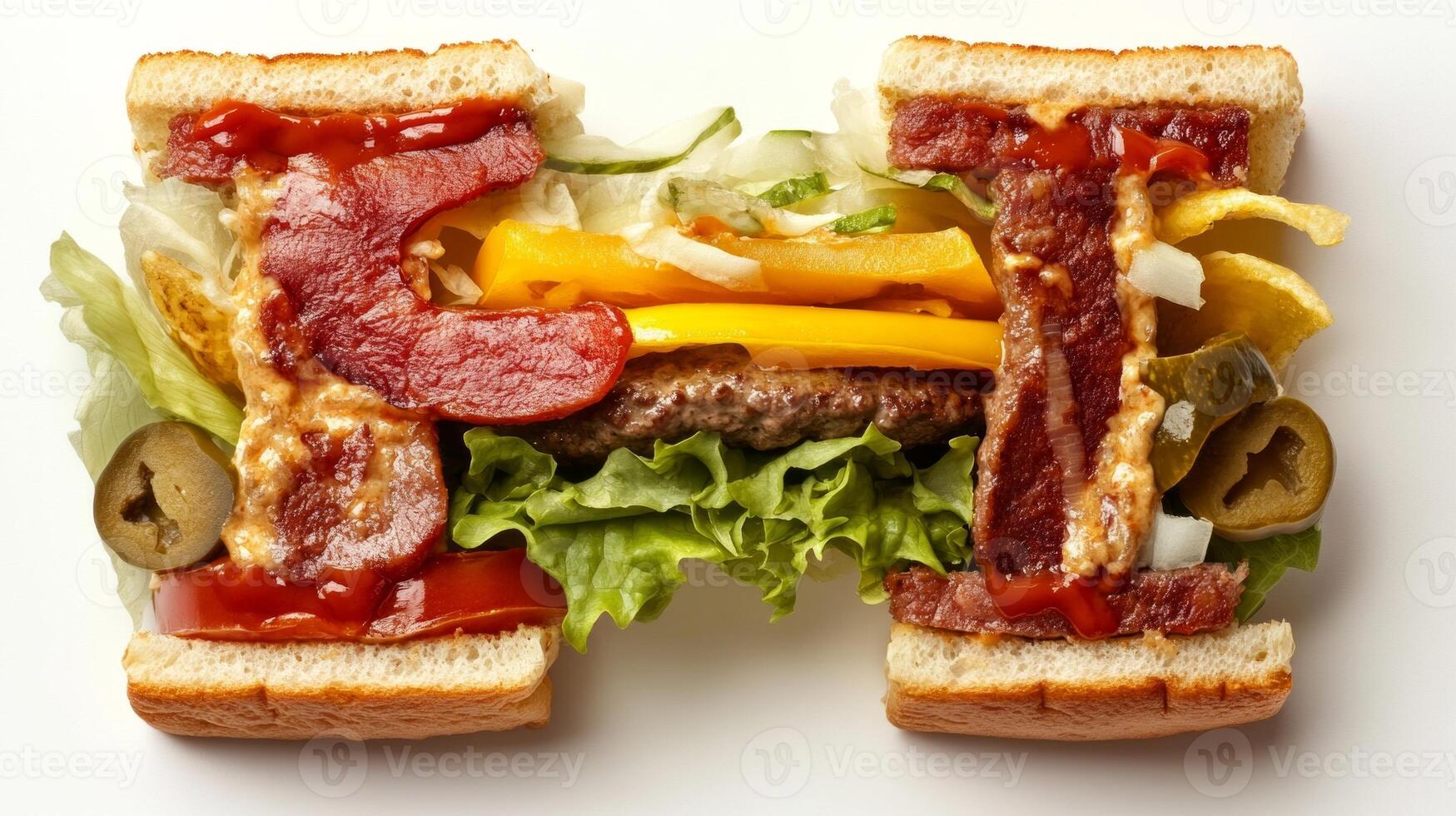 creative dish features the letter H formed from burger ingredients including lettuce cheese condiments and bacon on a white background highlighting culinary artistry. photo