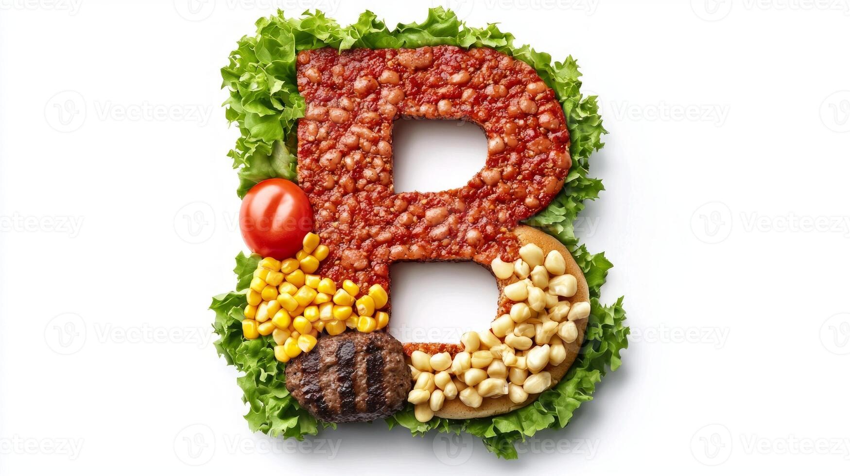 artistic representation of the letter B is crafted from fresh hamburger ingredients featuring vibrant colors and varied textures celebrating culinary creativity and expression. photo