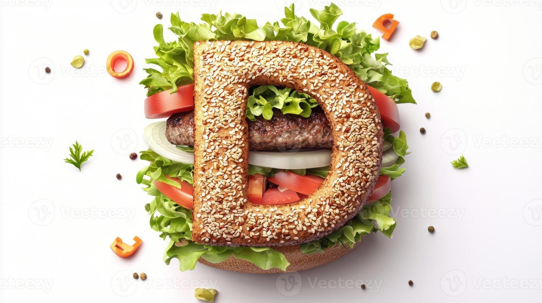 creatively designed hamburger shaped like the Letter D filled with fresh lettuce tomatoes onions and a juicy patty all beautifully arranged on a white background. photo