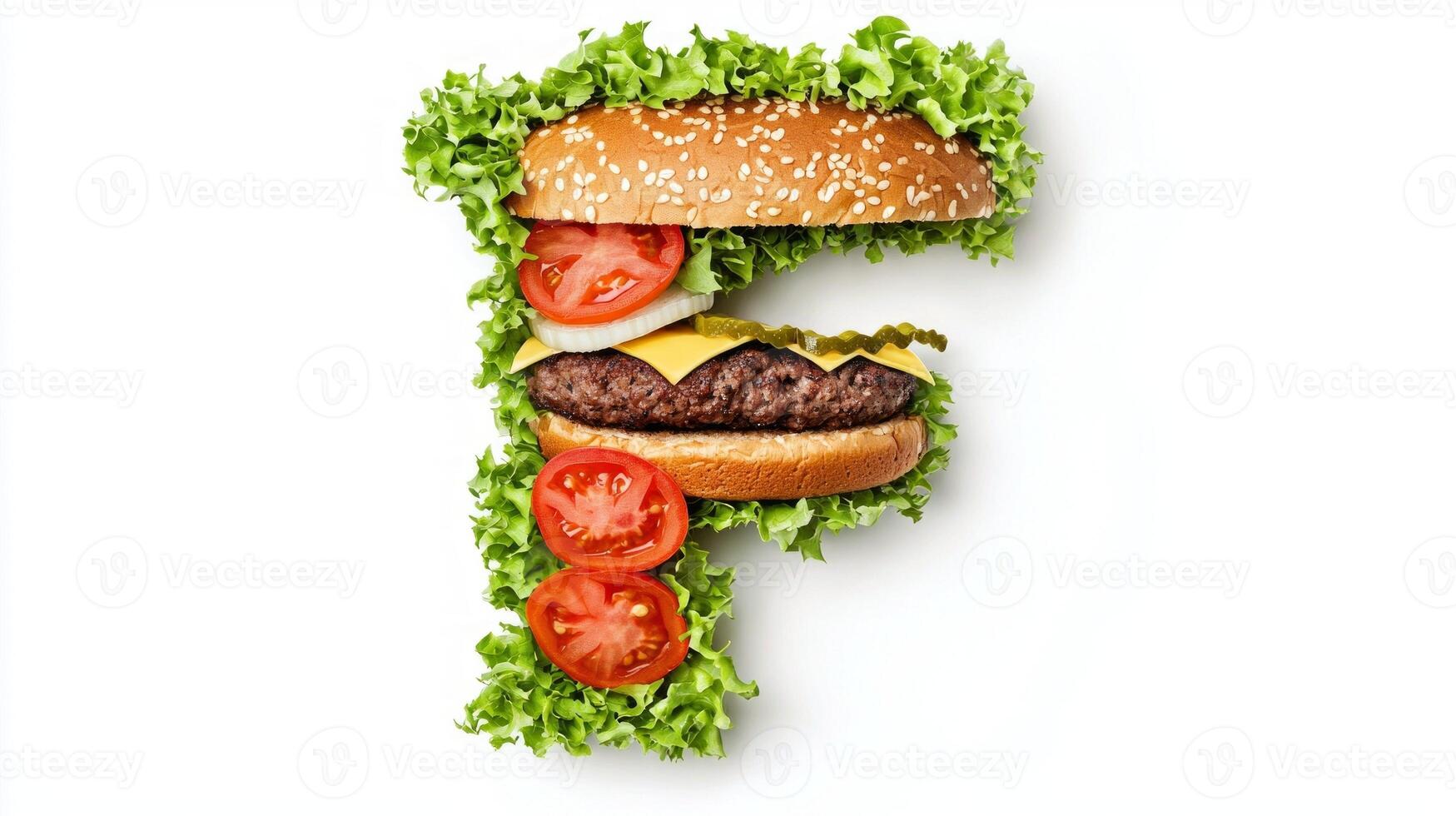 unique design features the letter F formed with fresh hamburger ingredients including crisp lettuce juicy tomatoes and a savory patty celebrating food art. photo