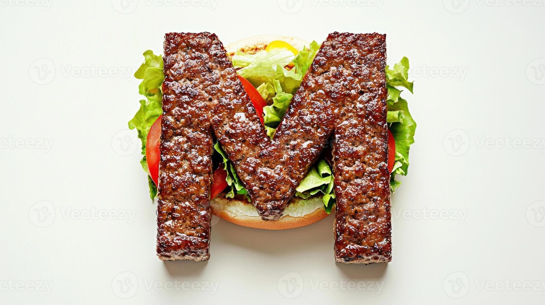 striking visual of the letter M crafted from flavorful hamburger ingredients showcasing fresh lettuce tomatoes and meat on a soft bun. Ideal for food lovers. photo