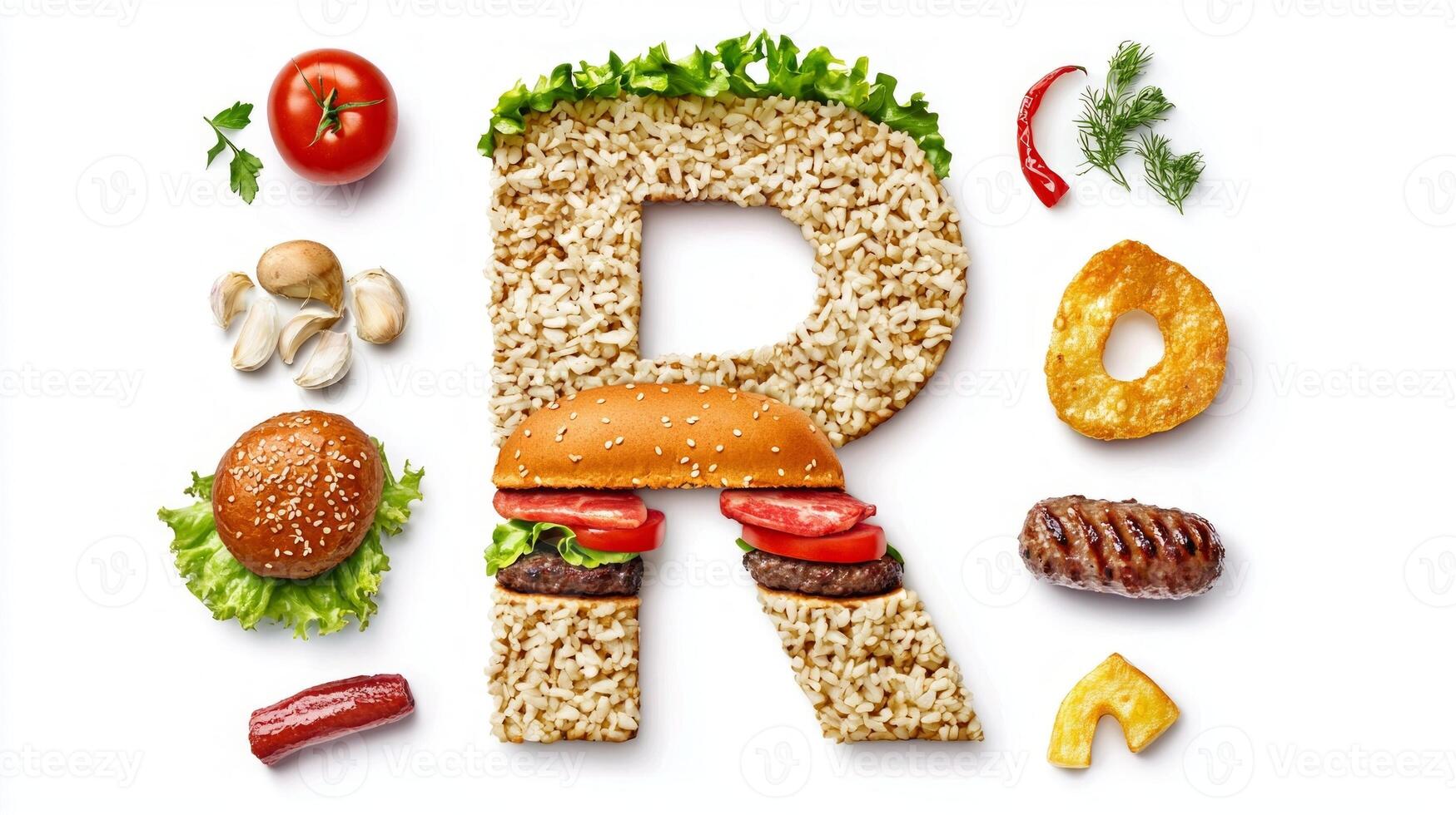 striking letter R crafted from various ingredients of a hamburger including lettuce tomato and a bun stands out on a white background inviting creative imagination. photo