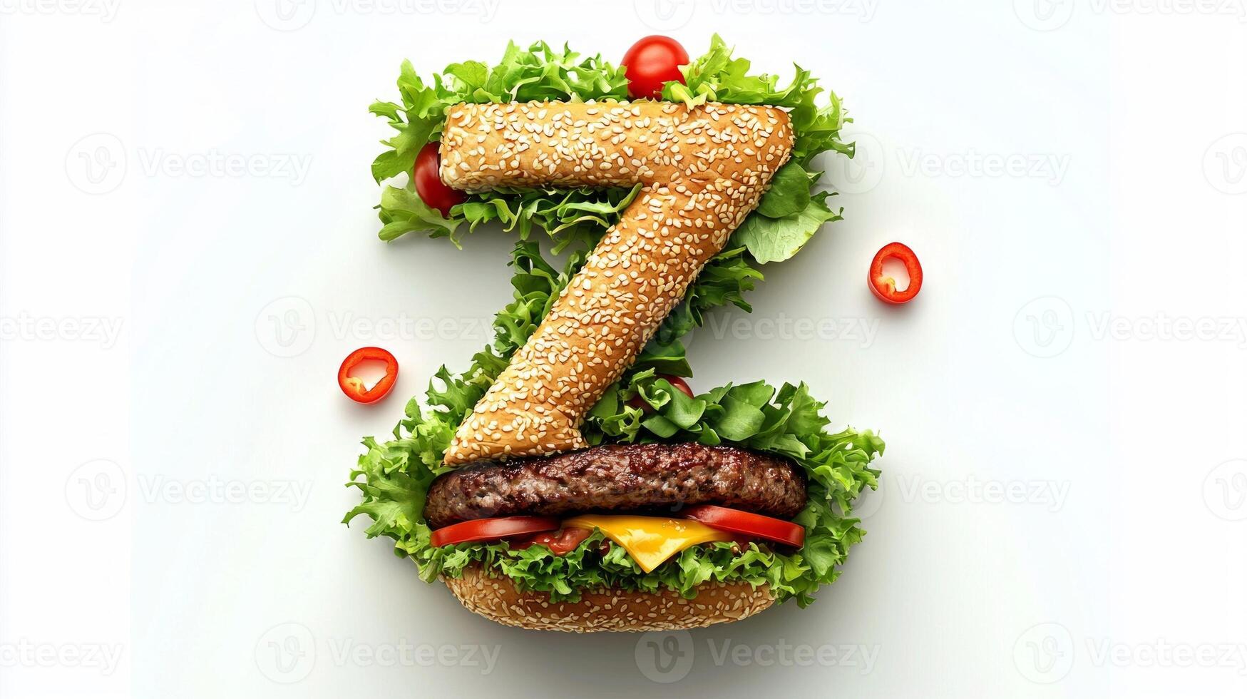 striking letter Z crafted from burger elements sits atop a bed of fresh lettuce cheese and tomato highlighting culinary creativity on a clean white backdrop. photo