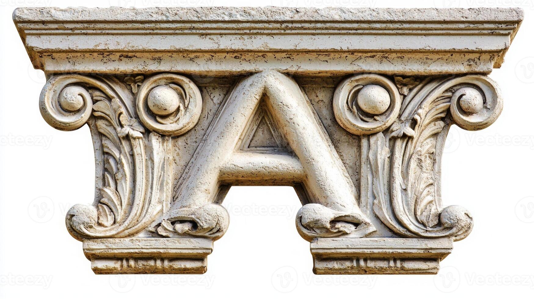 artwork showcases the letter A crafted from intricate antique column detailing, elegantly standing out against a clean white backdrop, ideal for creative projects. photo