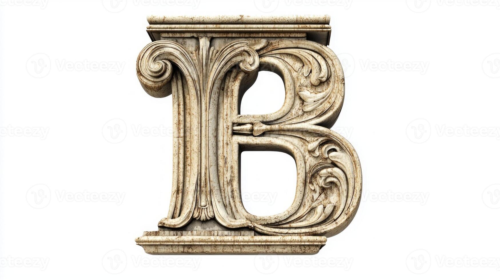 letter B showcases an exquisite antique column texture, emphasizing intricate details and elegance, all set against a clean white backdrop. photo