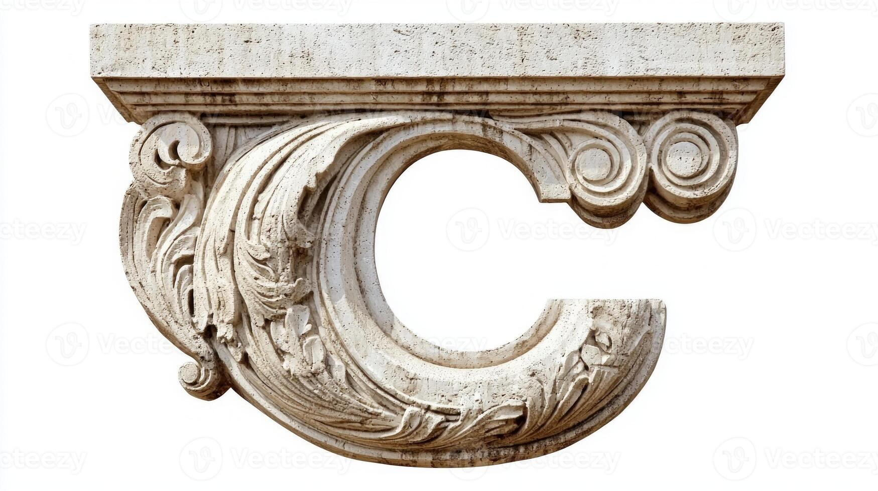 letter C is beautifully crafted with intricate antique column textures, showcasing its elegance and artistry, standing out starkly against a clean white backdrop. photo