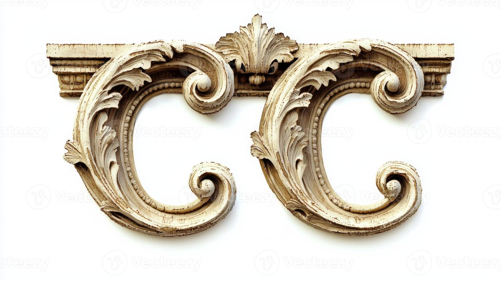 letter C showcases a stunning antique column texture, intricately detailed with elegant flourishes, placed against a clean, white background that enhances its artistic appeal. photo