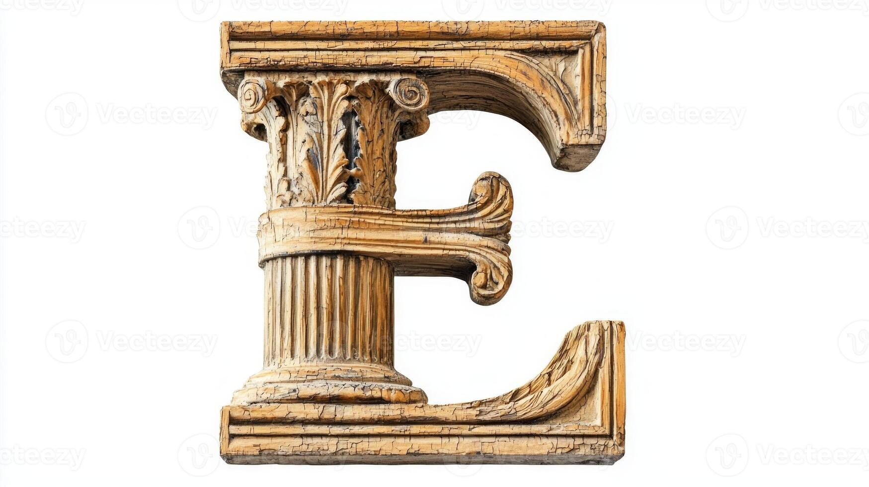 letter E emerges with intricate detailing, showcasing a stunning antique column texture that adds a touch of classical elegance against a clear white backdrop. photo