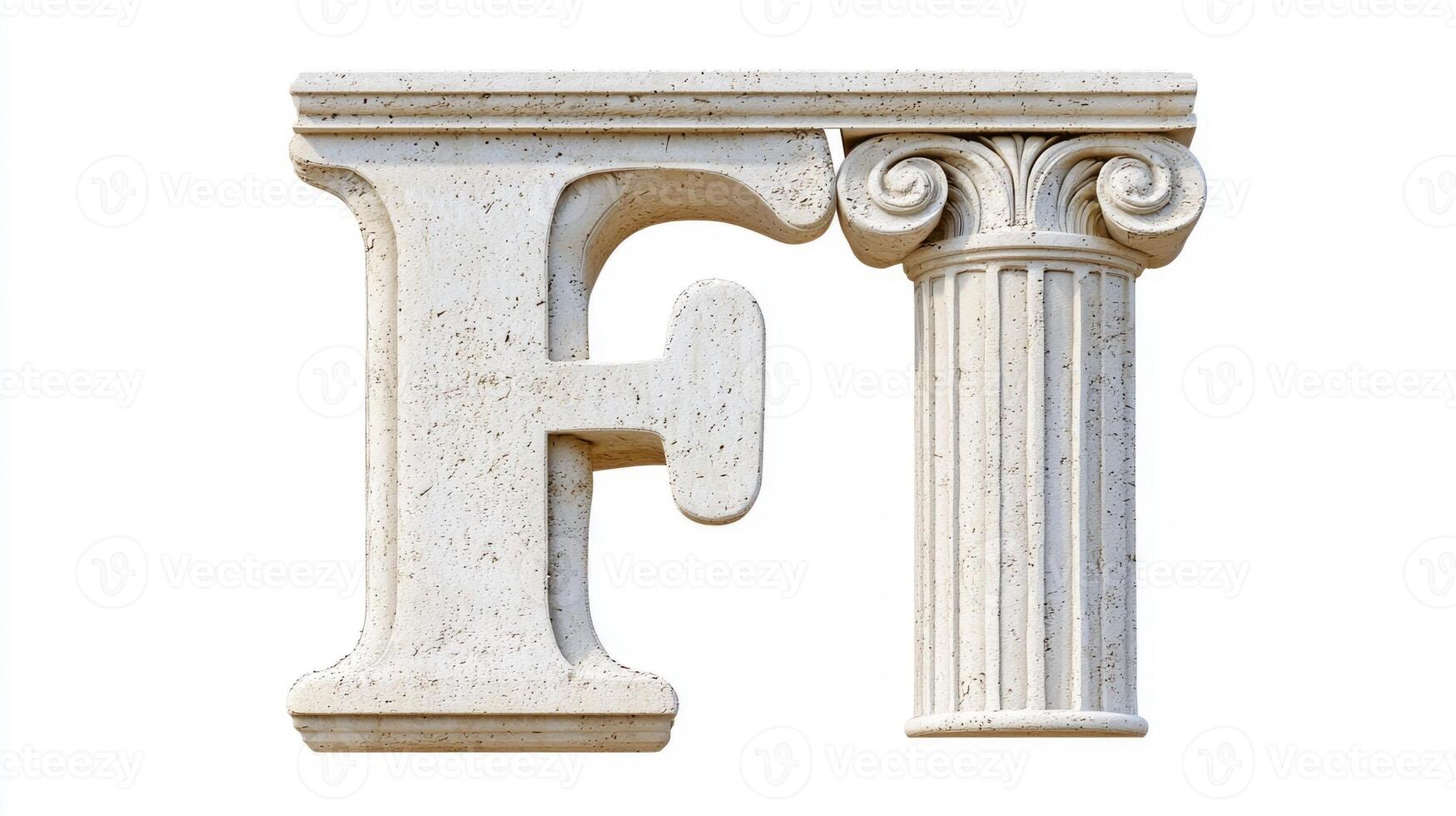striking letter F features a textured antique design, incorporating elements of classical architecture. It stands out against a pure white backdrop, evoking sophistication. photo