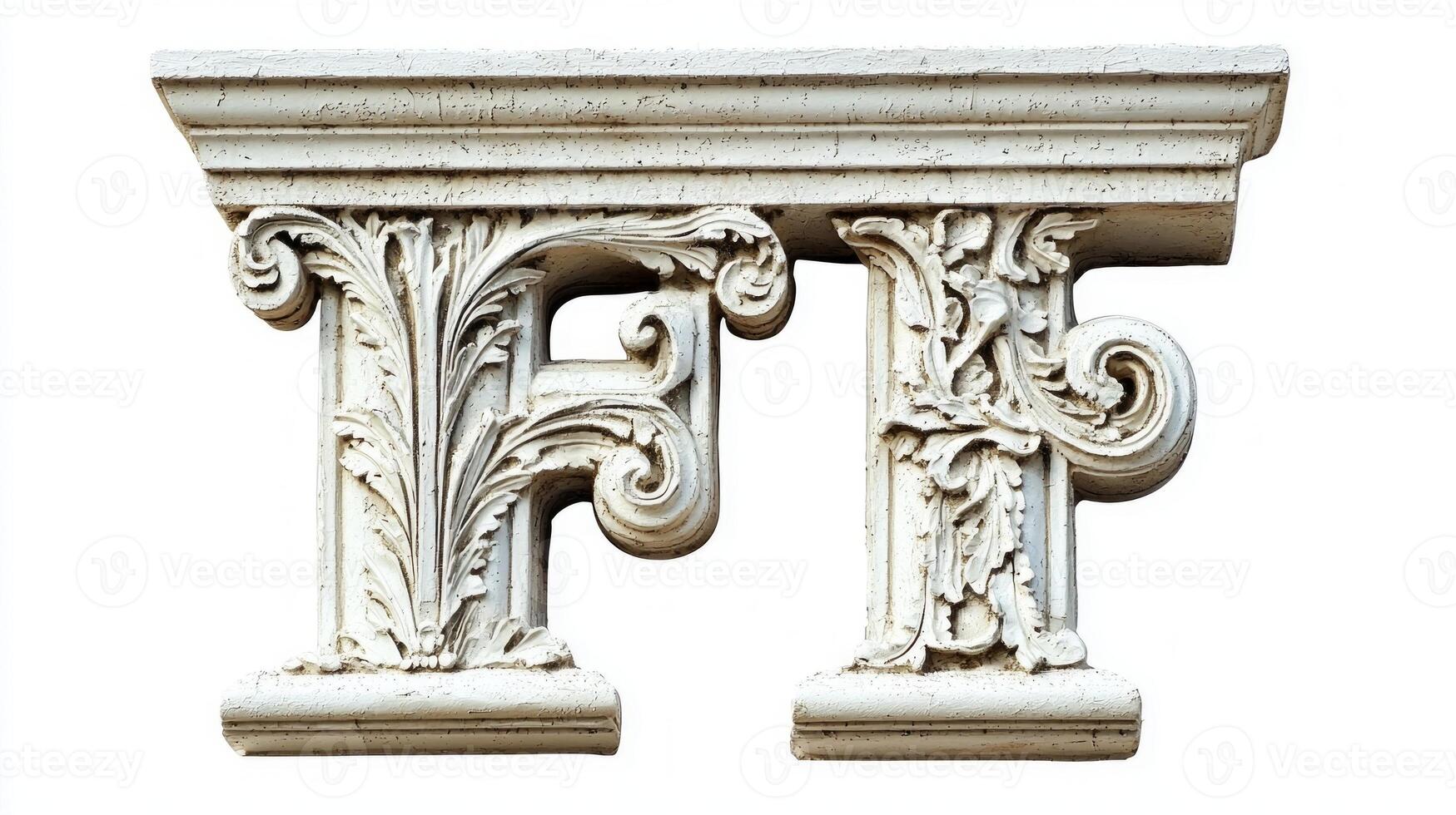 ornate letter F, designed with an antique column texture, stands isolated on a white background, exemplifying artistry in typography and craftsmanship. photo