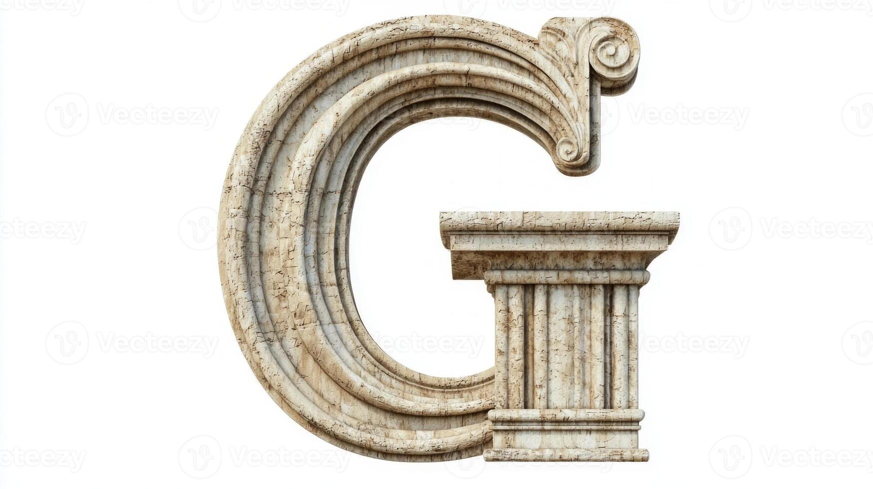 Elegant letter G showcases a beautifully detailed antique column texture, standing out against a bright white background, inviting artistic admiration and inspiration. photo