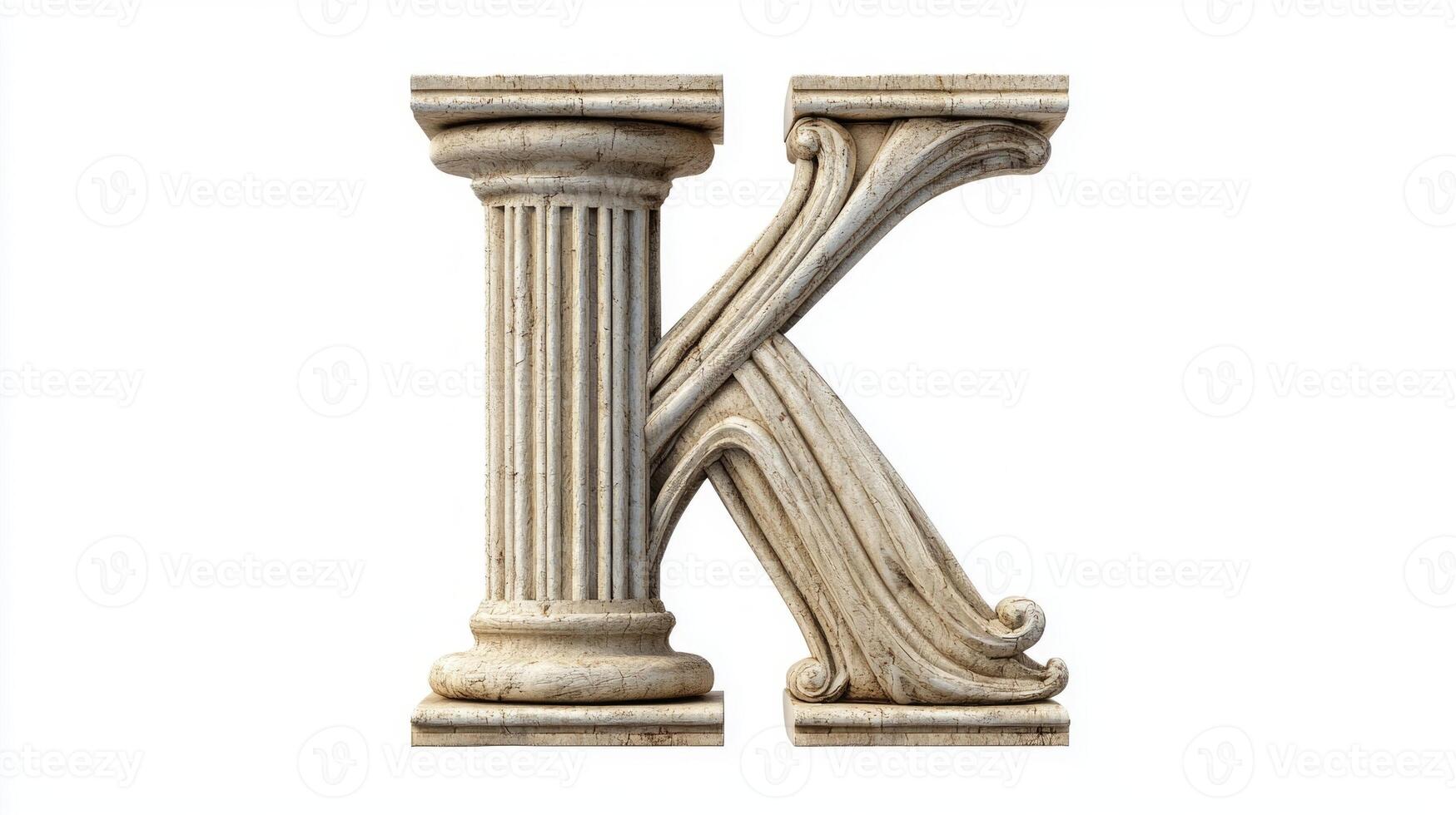 intricately designed letter K stands out with an antique column texture, beautifully highlighting craftsmanship and elegance against a stark white background. photo