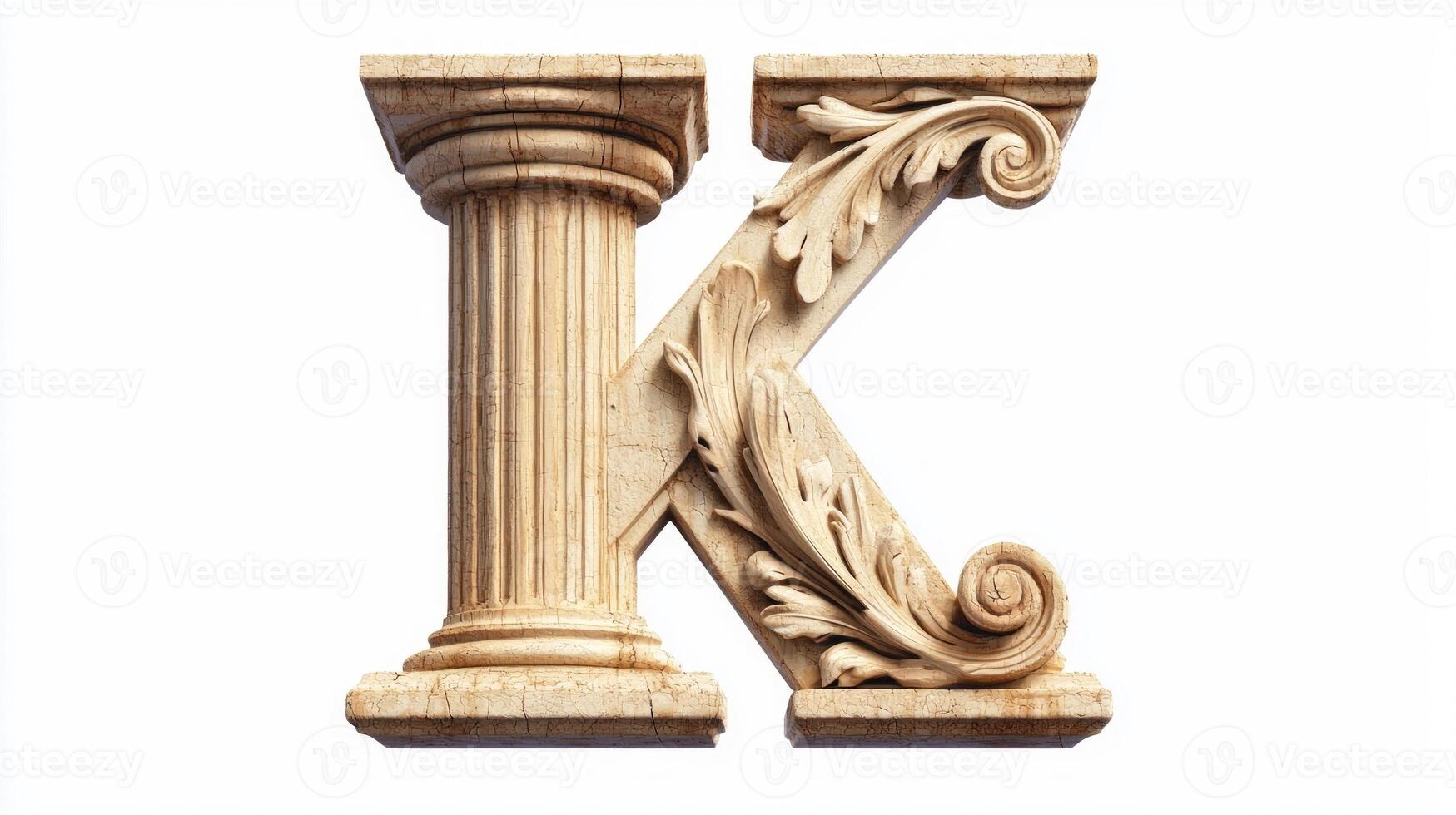 letter K, designed with intricate antique column textures, stands prominently on a pristine white background, showcasing elegant artistry and craftsmanship. photo