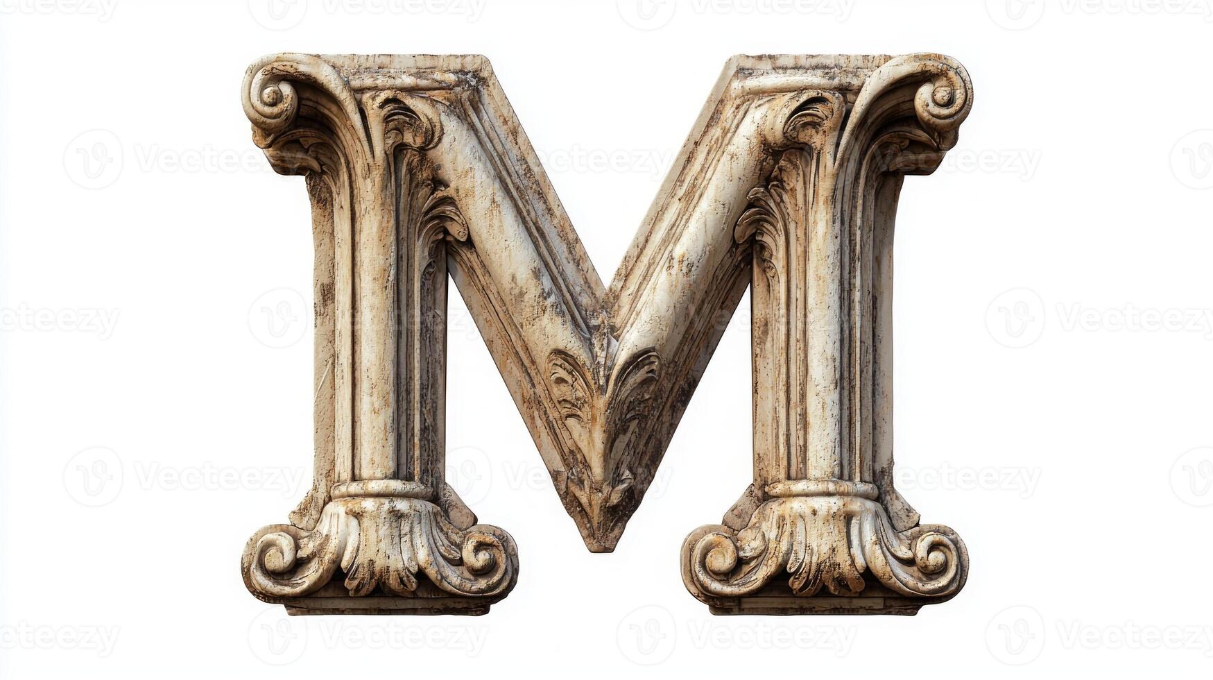 artwork features a beautifully crafted letter M, designed with an antique column texture that highlights intricate detailing, set against a stark white backdrop. photo