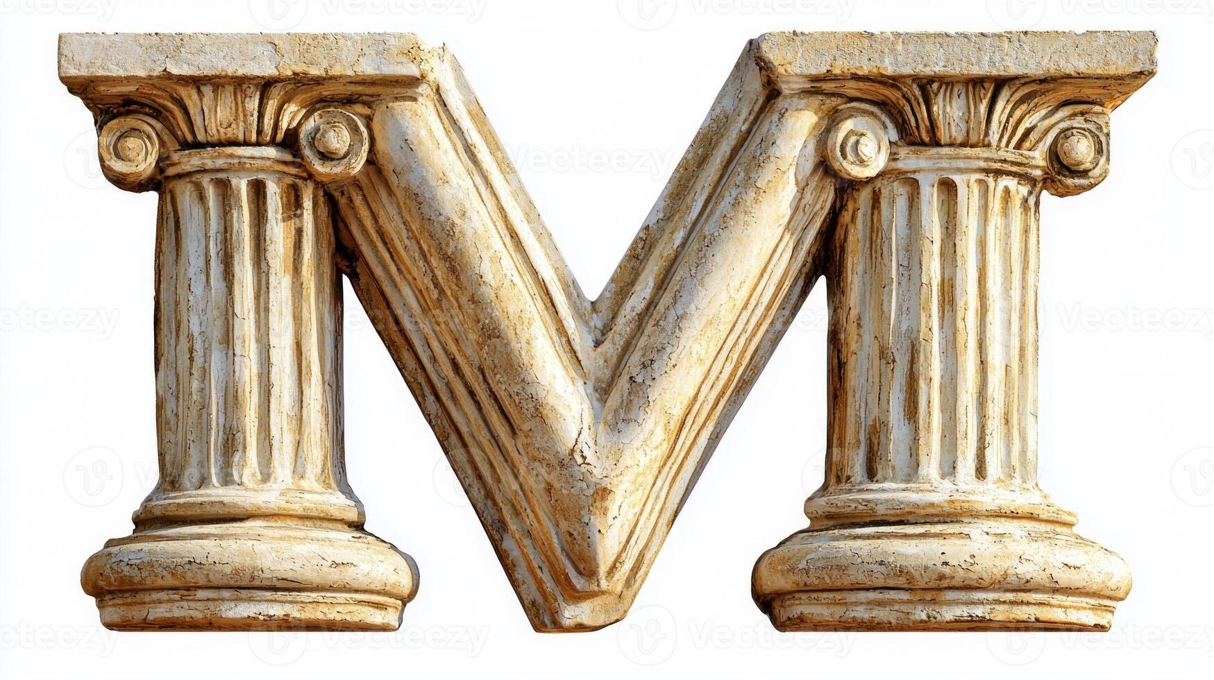 striking letter M showcases a unique design featuring intricate antique column textures. The realistic craftsmanship stands out prominently against a pure white background. photo