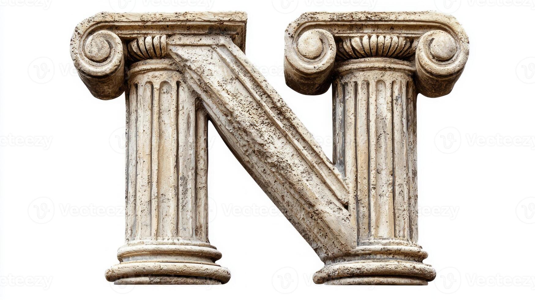 letter N is beautifully shaped to resemble an ornate column, highlighting intricate details of antique craftsmanship. It stands solitary against a pure white background, evoking elegance. photo