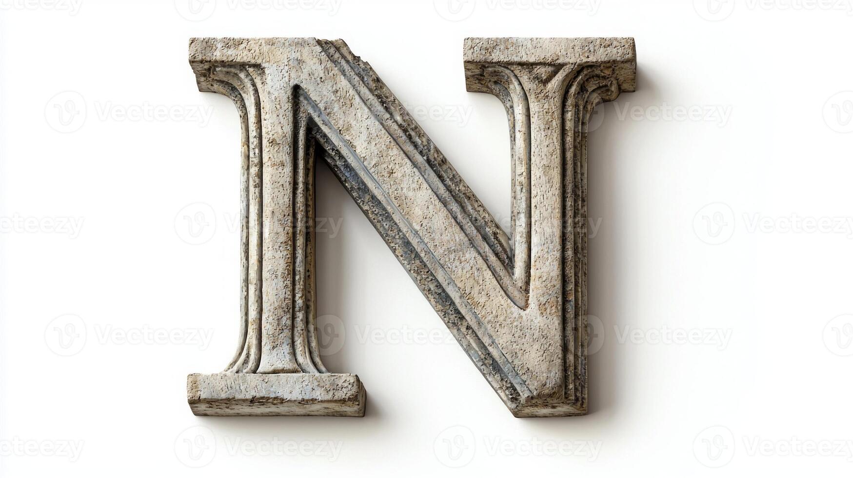 striking letter N, crafted with an antique column texture, stands prominently against a white backdrop, highlighting its artistic details and historical significance. photo