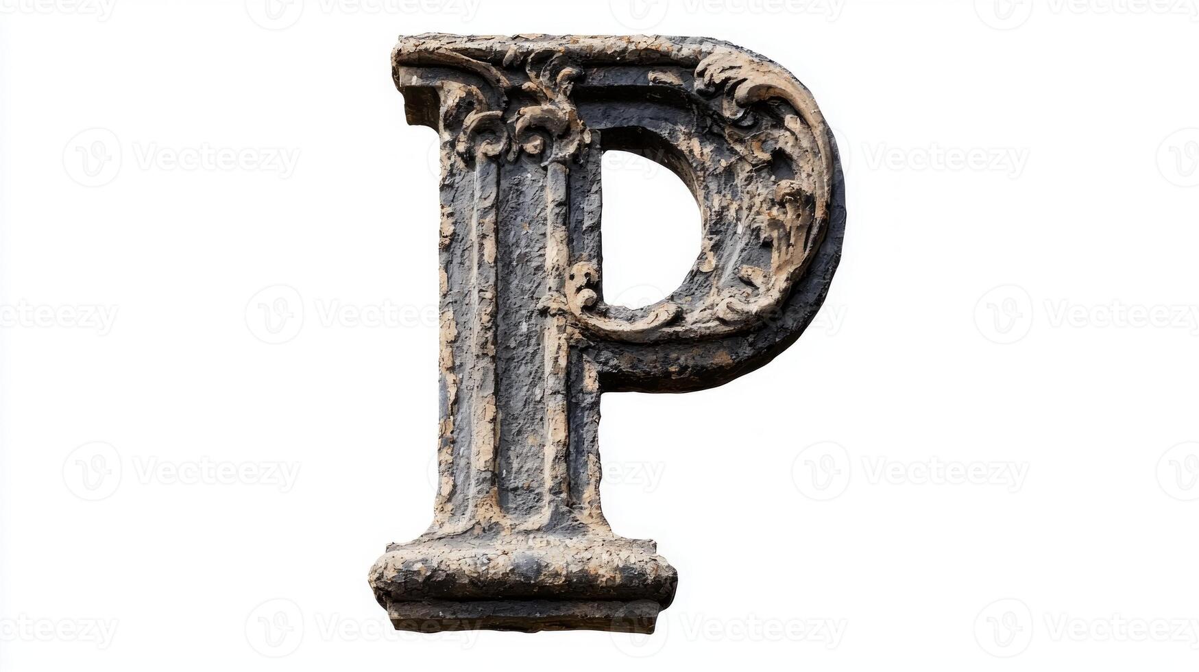 letter P stands tall with a rich antique column texture, showcasing intricate details and a weathered appearance, set against a clean white background. photo