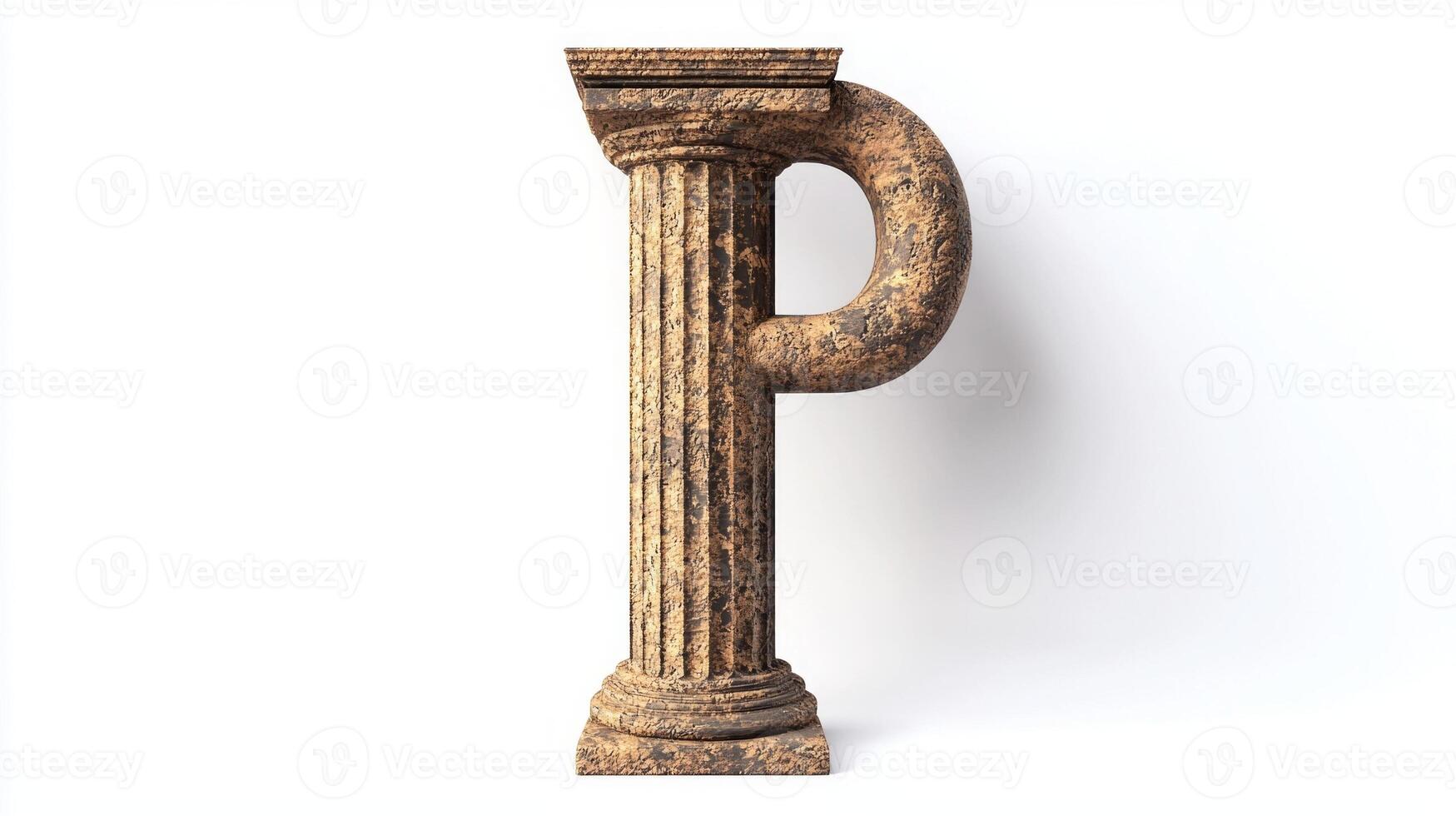 stunning representation of the letter P, crafted to resemble an antique column with detailed textures. This artistic piece stands out on a clean white backdrop, highlighting its unique design. photo
