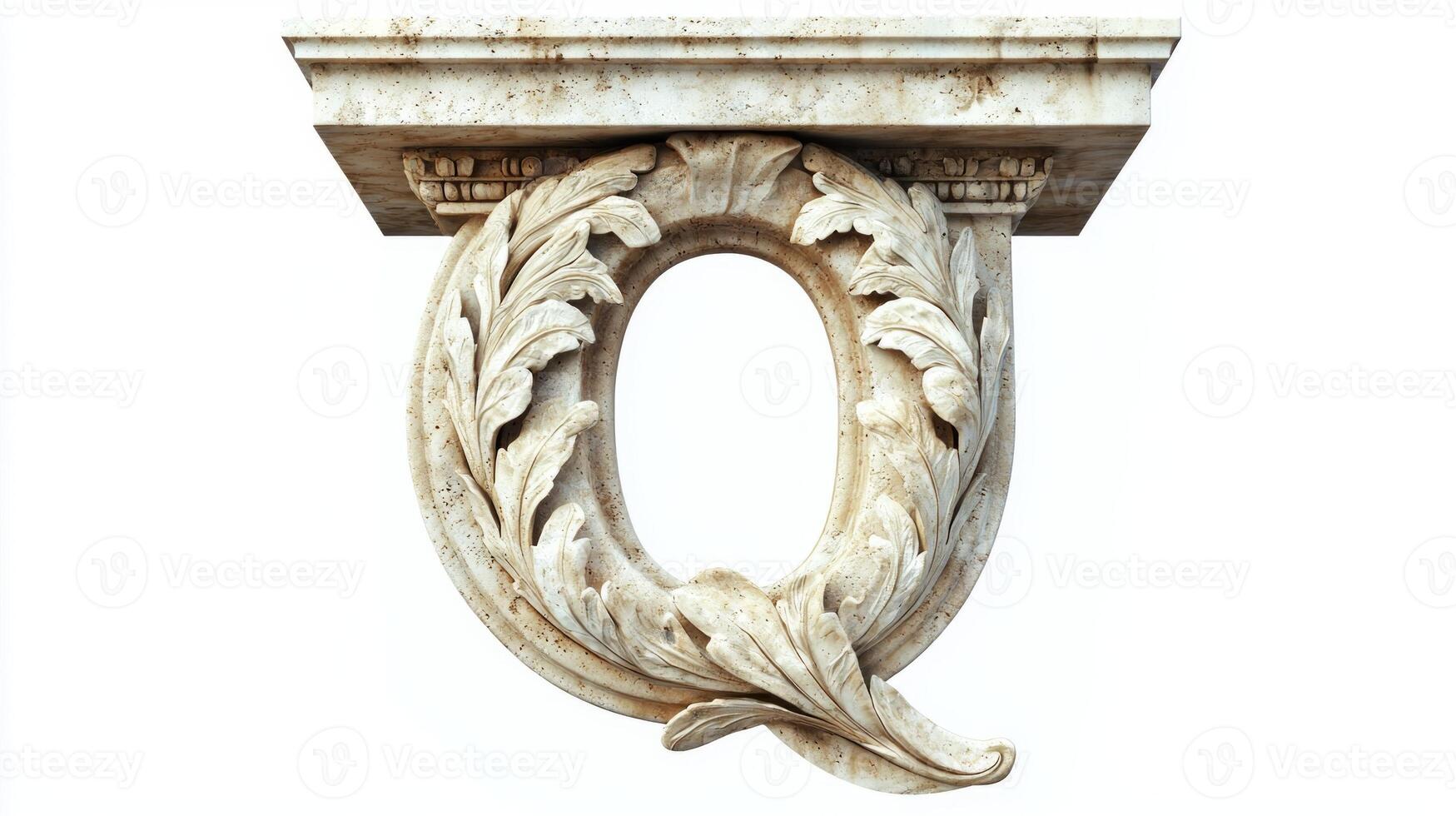 piece showcases the letter Q, designed with intricate antique column textures, set against a clean white background, highlighting its elegant and artistic flair. photo