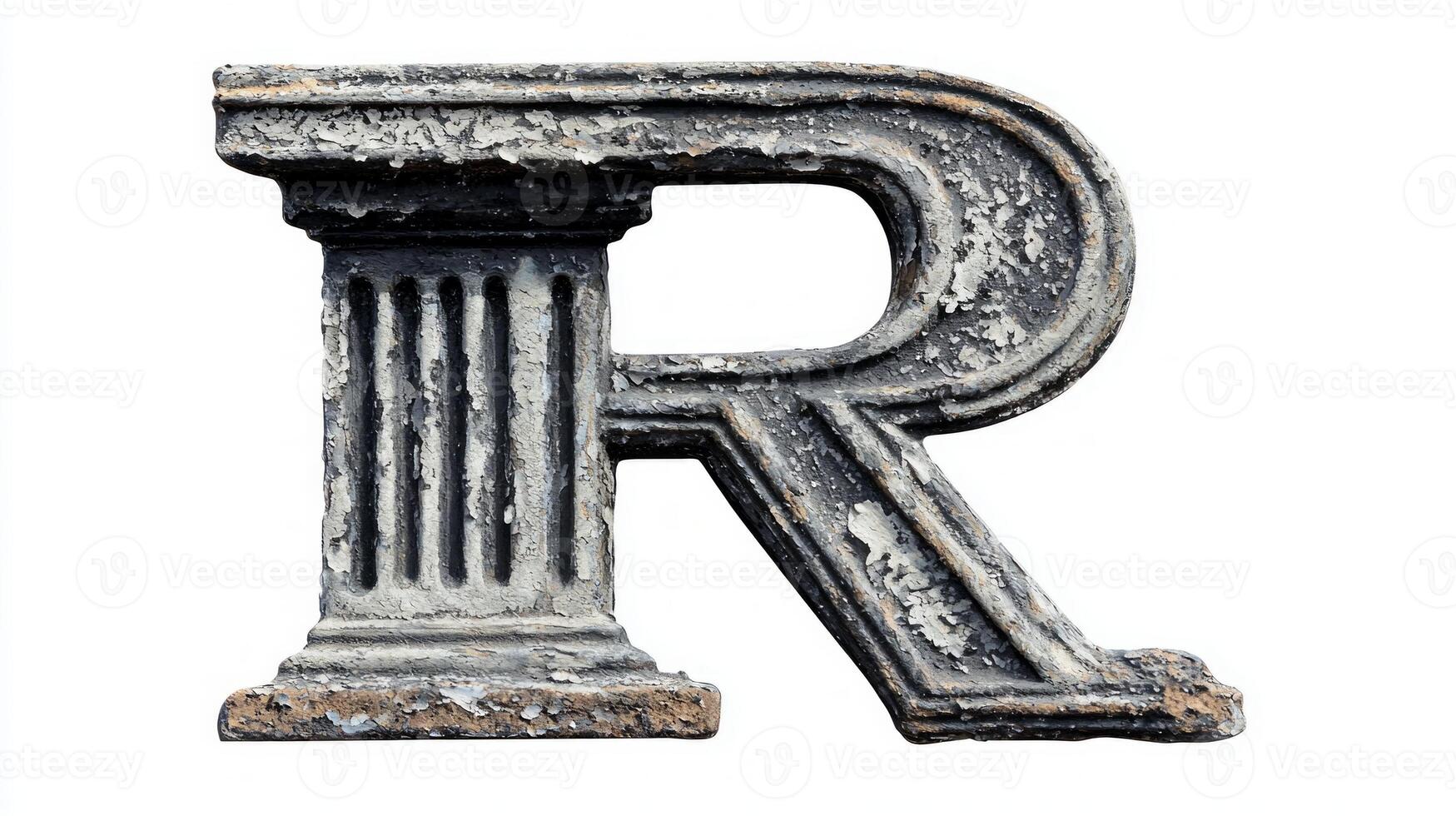 artistic letter R features an intricate antique column texture, exuding an old-world charm, perfectly highlighted against a clean white backdrop. photo