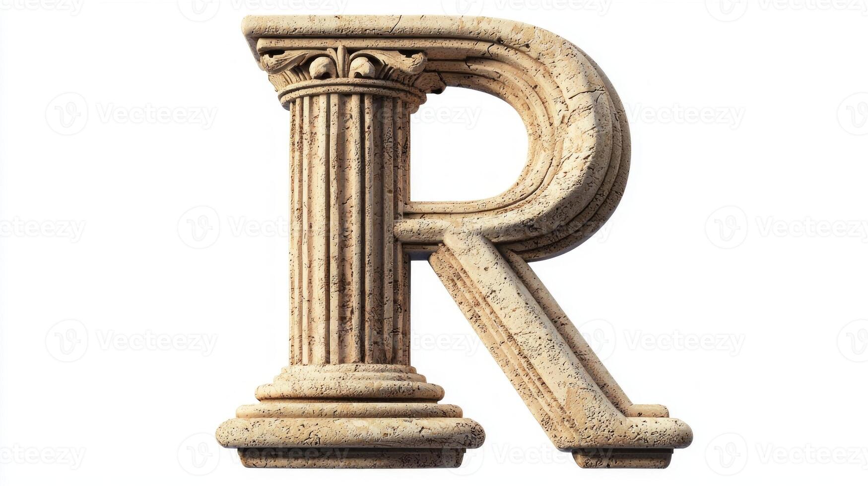 Experience the elegance of the letter R, designed with an antique column texture. Set against a clean white background, it captures classic artistry and sophistication. photo