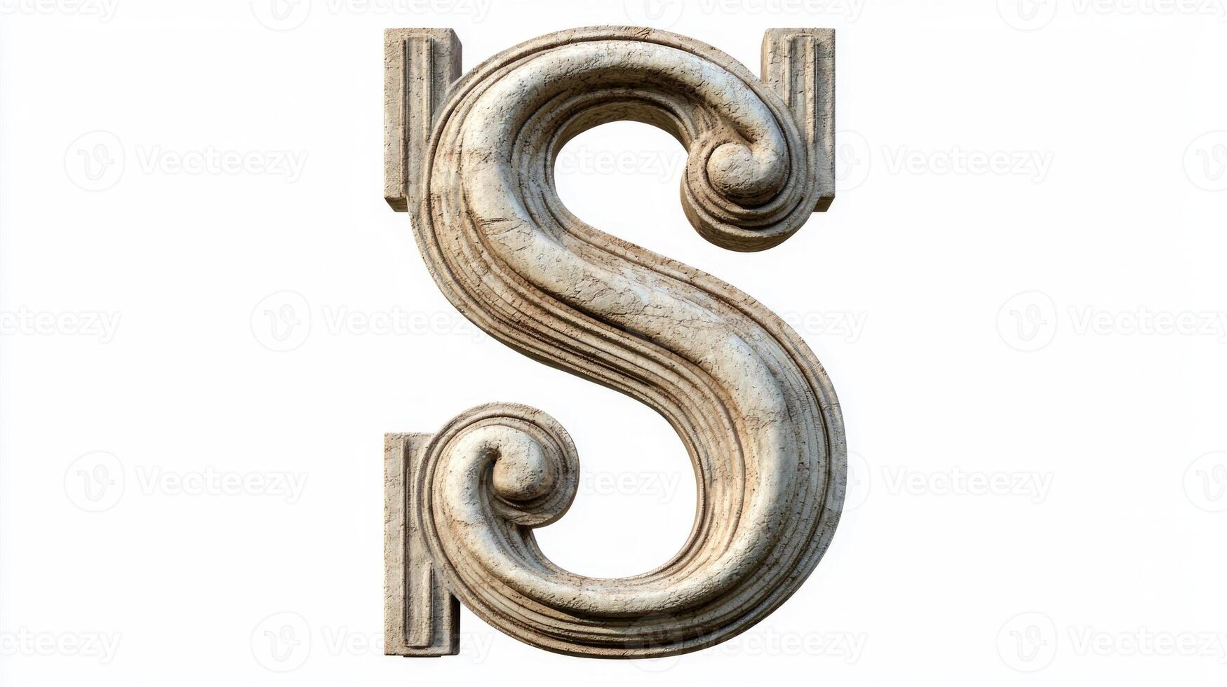 letter S stands out with vintage column textures, highlighting its elegant curves and detailed craftsmanship against a clean white canvas, evoking timeless artistry. photo