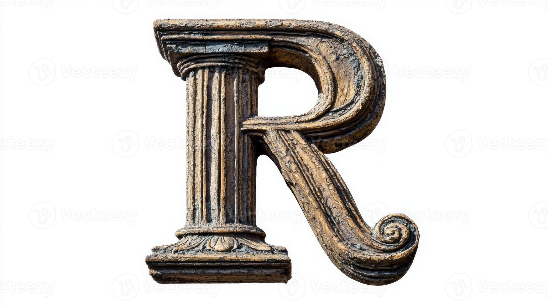 letter R is beautifully crafted with an antique column texture, showcasing intricate details and elegance against a pristine white background, ideal for artistic use. photo