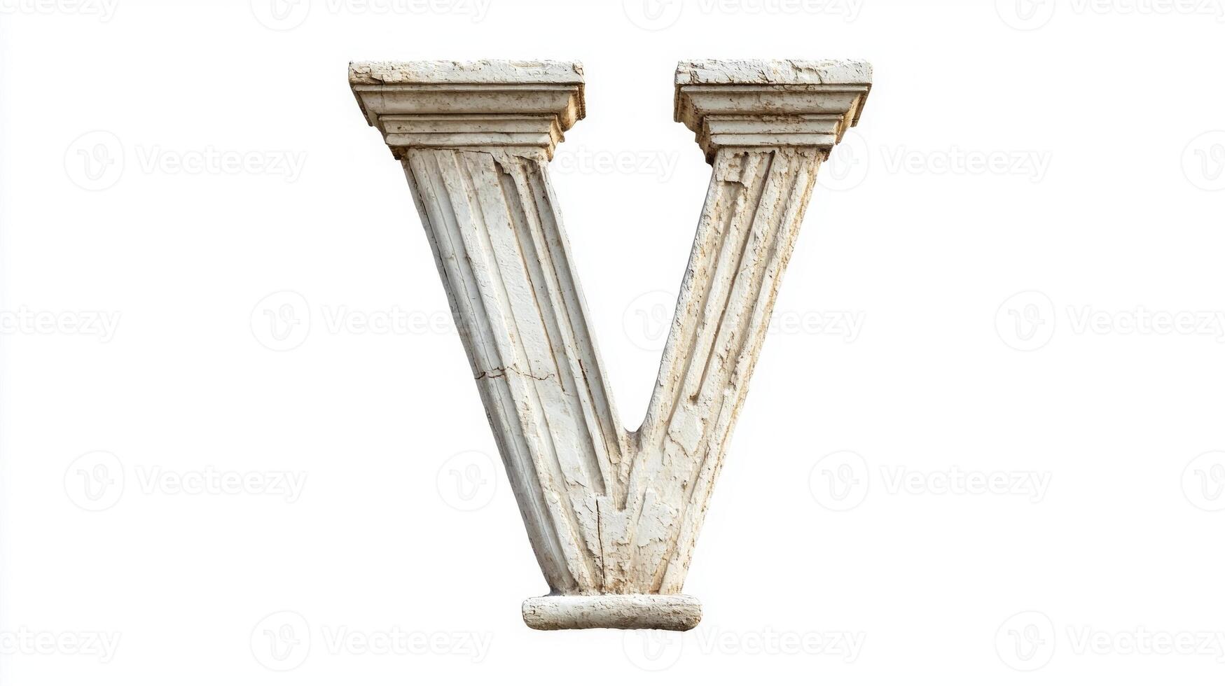 striking letter V showcases an antique column texture, intricately detailed and beautifully isolated on a bright white backdrop, perfect for design projects. photo