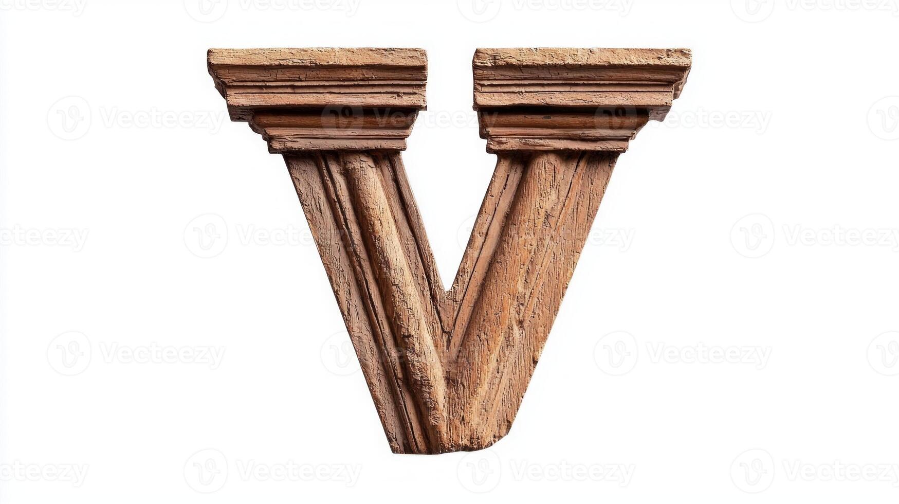 artistic letter V showcases its design inspired by antique columns, featuring intricate textures that add depth. The piece stands alone against a pristine white backdrop. photo