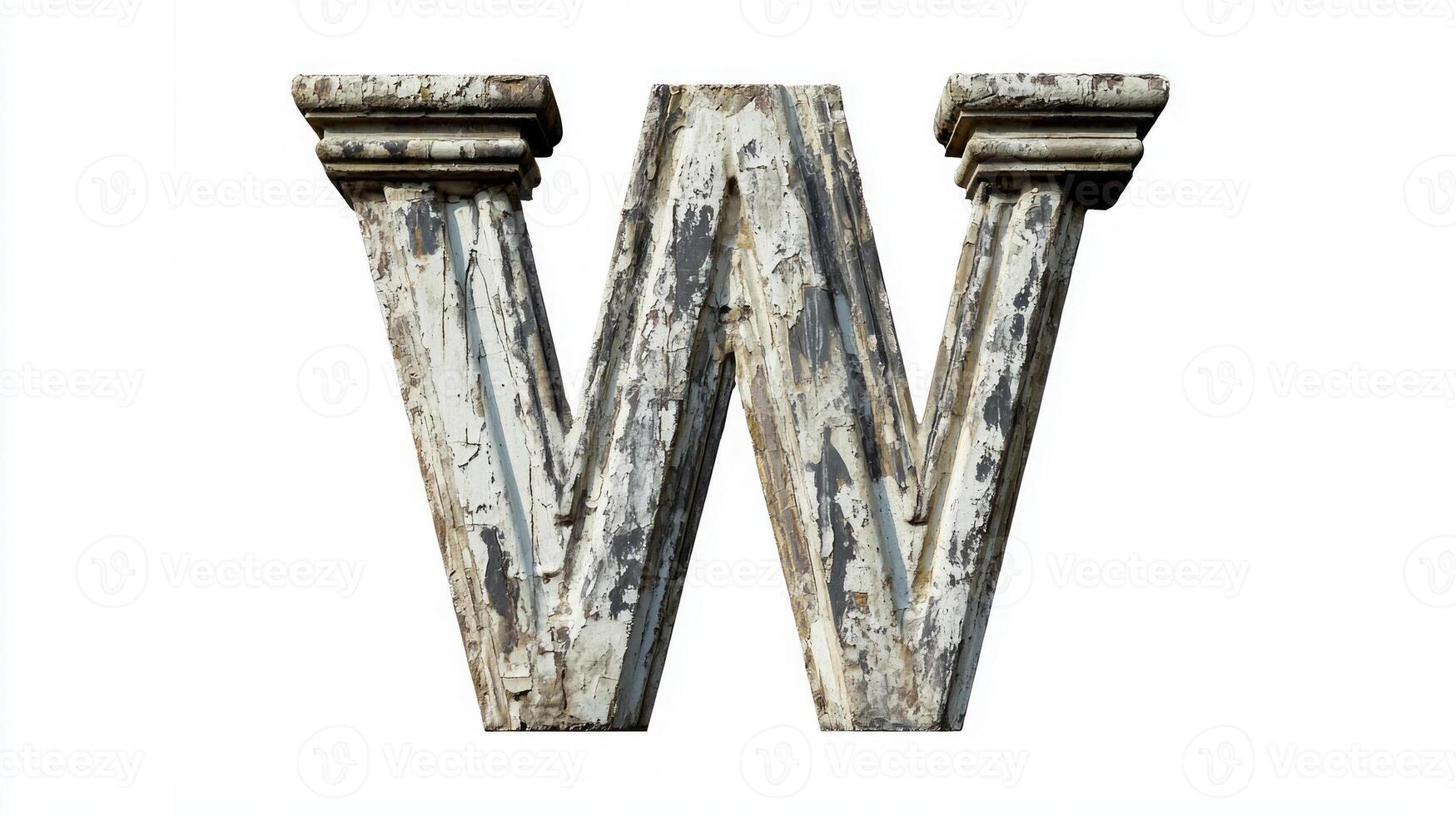 detailed representation of the letter W, crafted in antique column texture, stands out vividly against a pristine white background, showcasing timeless artistry. photo