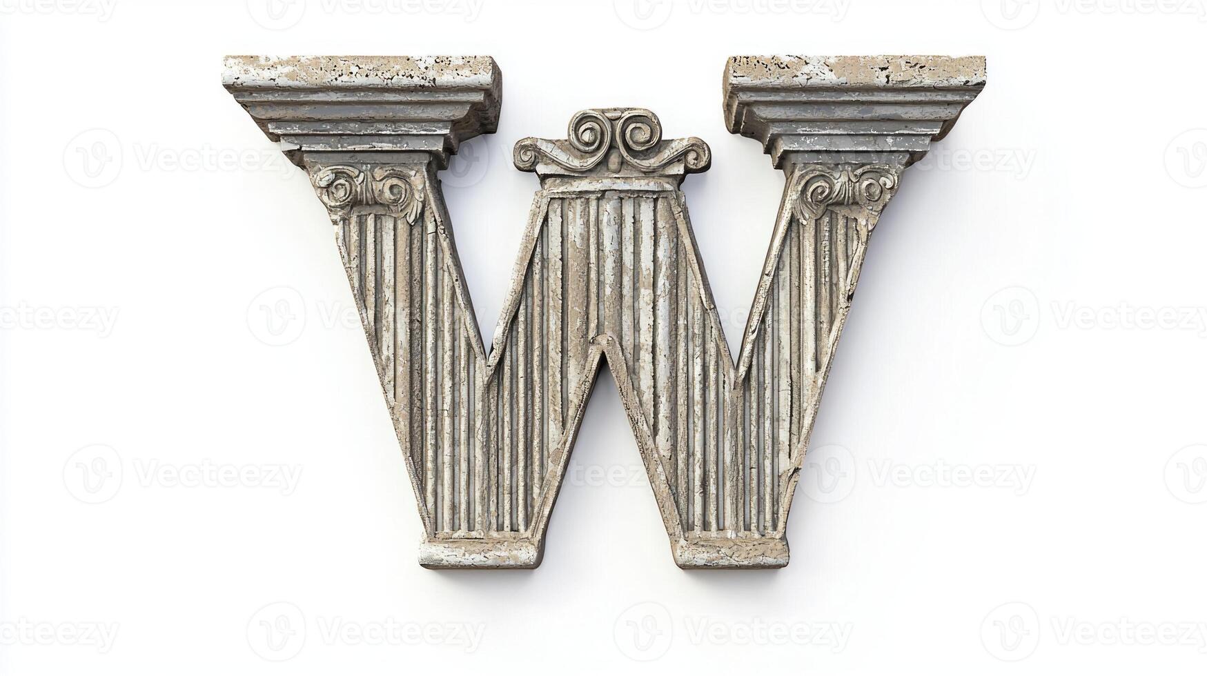 letter W stands prominently, crafted from antique column textures, radiating a timeless beauty. Set against a stark white background, it merges classic design with modern simplicity. photo