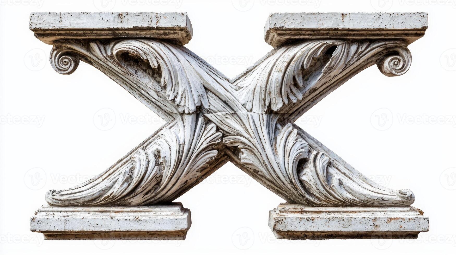 striking letter X captures an antique column texture, featuring beautifully carved details and a weathered finish that highlights its elegant design against a stark white background. photo